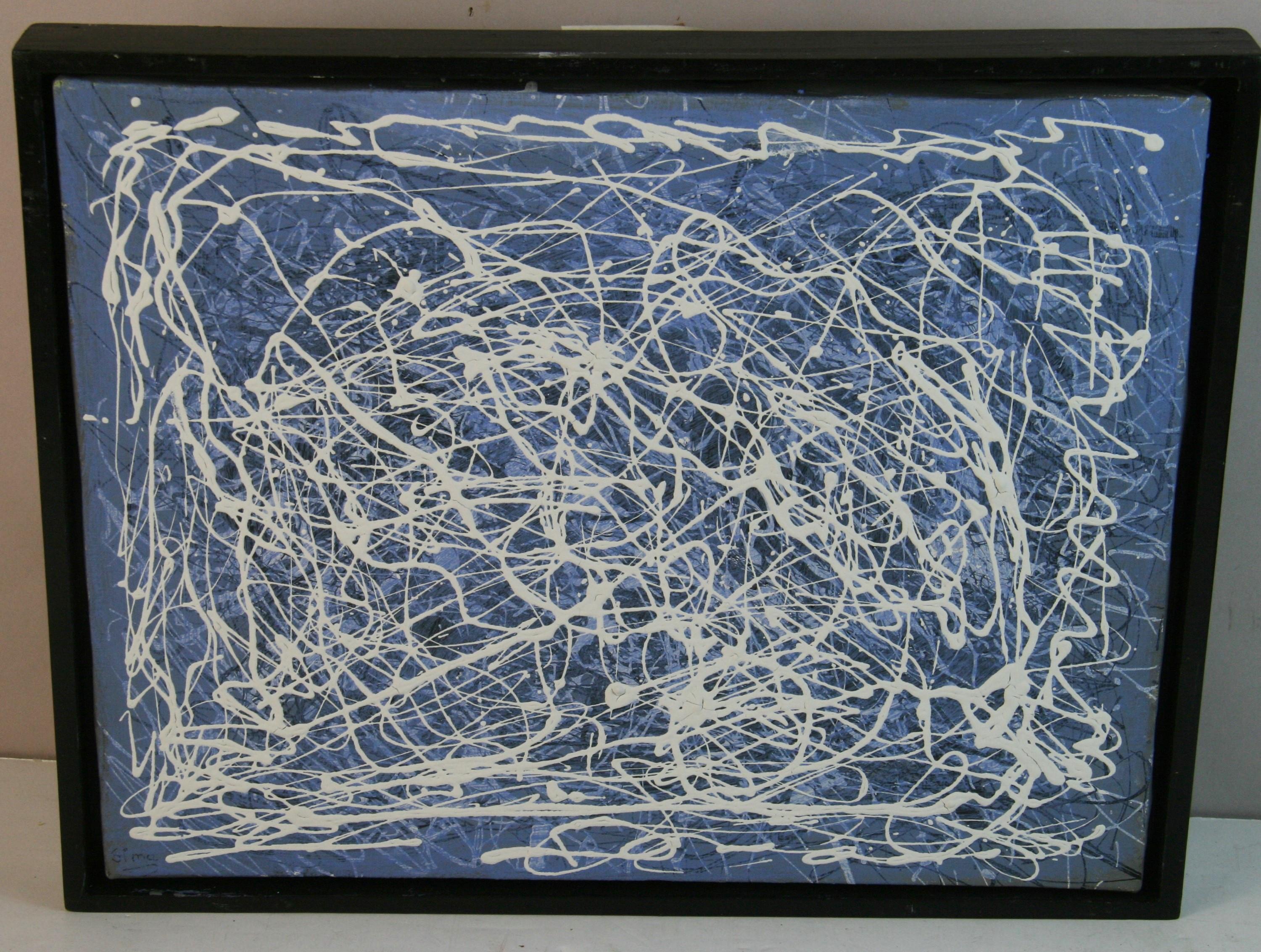 Blue and White Abstract Expressionist Painting - Black Abstract Painting by Unknown