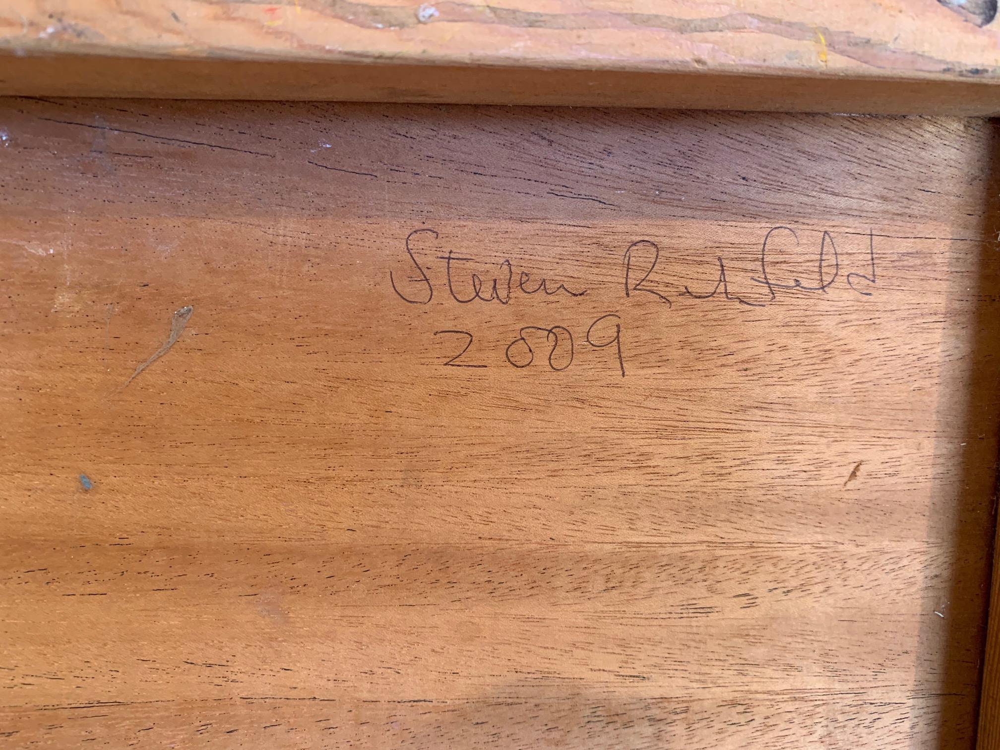 Huile sur panneau bleu et jaune sur fond blanc de Steven H. Rehfeld en vente 1