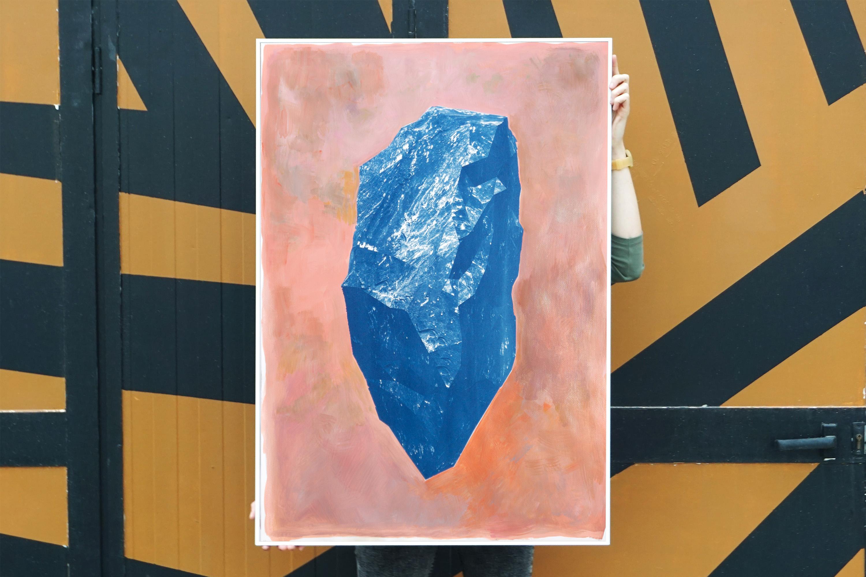 Blue Boulder on Pink, Cyanotype and Painting on Watercolor Paper, Burnt Orange   - Beige Landscape Painting by Unknown
