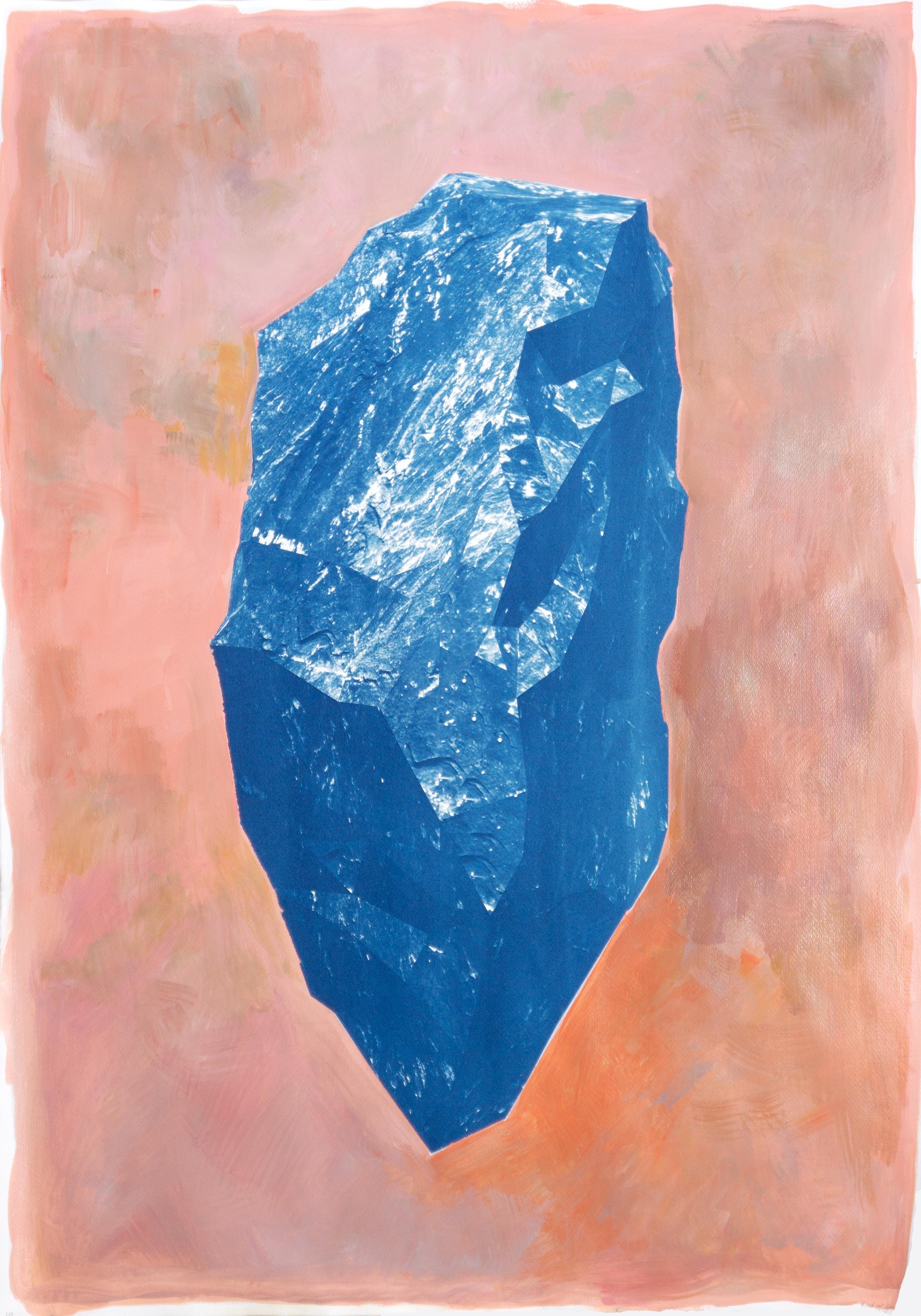 Unknown Landscape Painting - Blue Boulder on Pink, Cyanotype and Painting on Watercolor Paper, Burnt Orange  