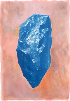 Blue Boulder on Pink, Cyanotype and Painting on Watercolor Paper, Burnt Orange  