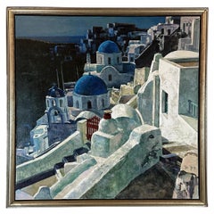Vintage Blue Domes of Oia  Santorini Island Oil Painting
