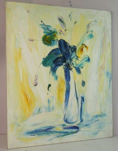 Blue Expressionist Flower Arrangement, Oil on Canvas, 1960s, Unframed