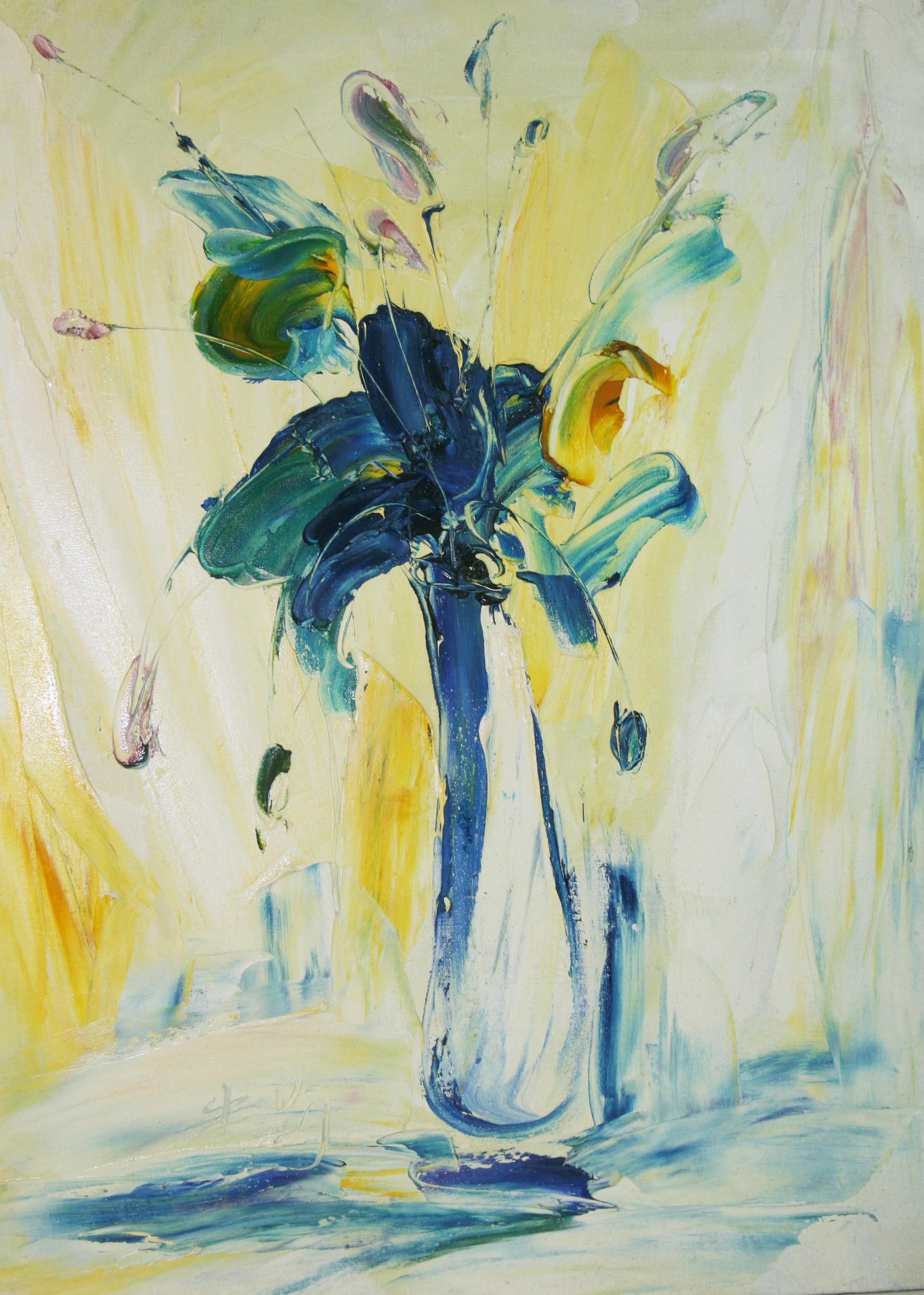 Blaues expressionistisches Blumenarrangement (Braun), Still-Life Painting, von Unknown