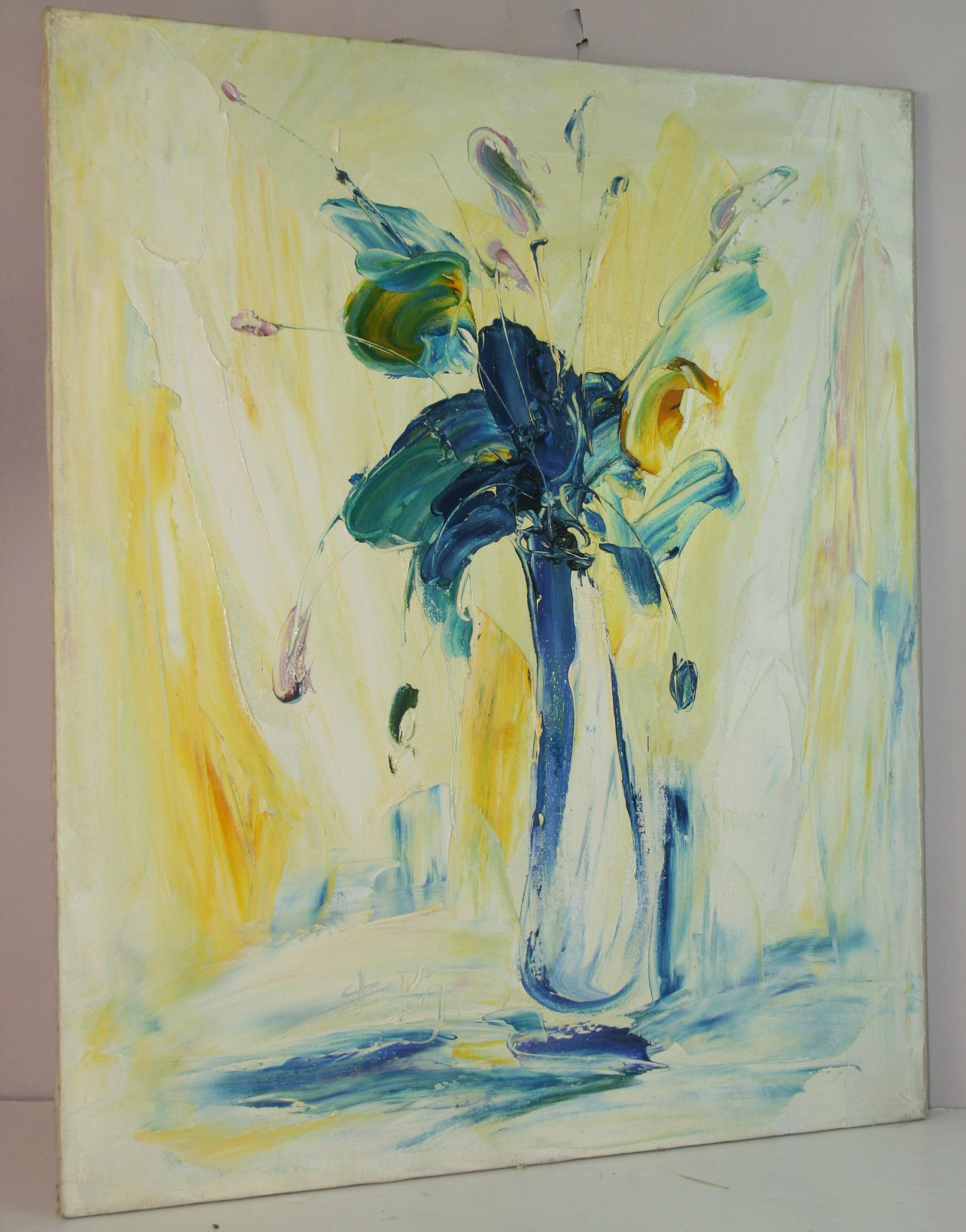 Unknown Still-Life Painting – Blaues expressionistisches Blumenarrangement