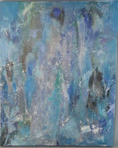 Blue Misty Seascape Oversize Painting, Modernist Oil on Canvas, 1970s