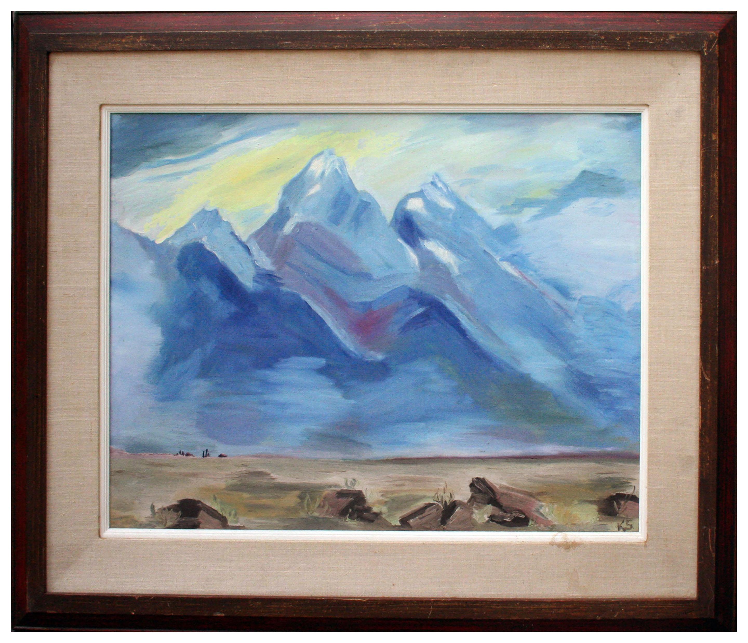 Unknown Landscape Painting - Blue Mountains, Vintage 1970s Desert Landscape 