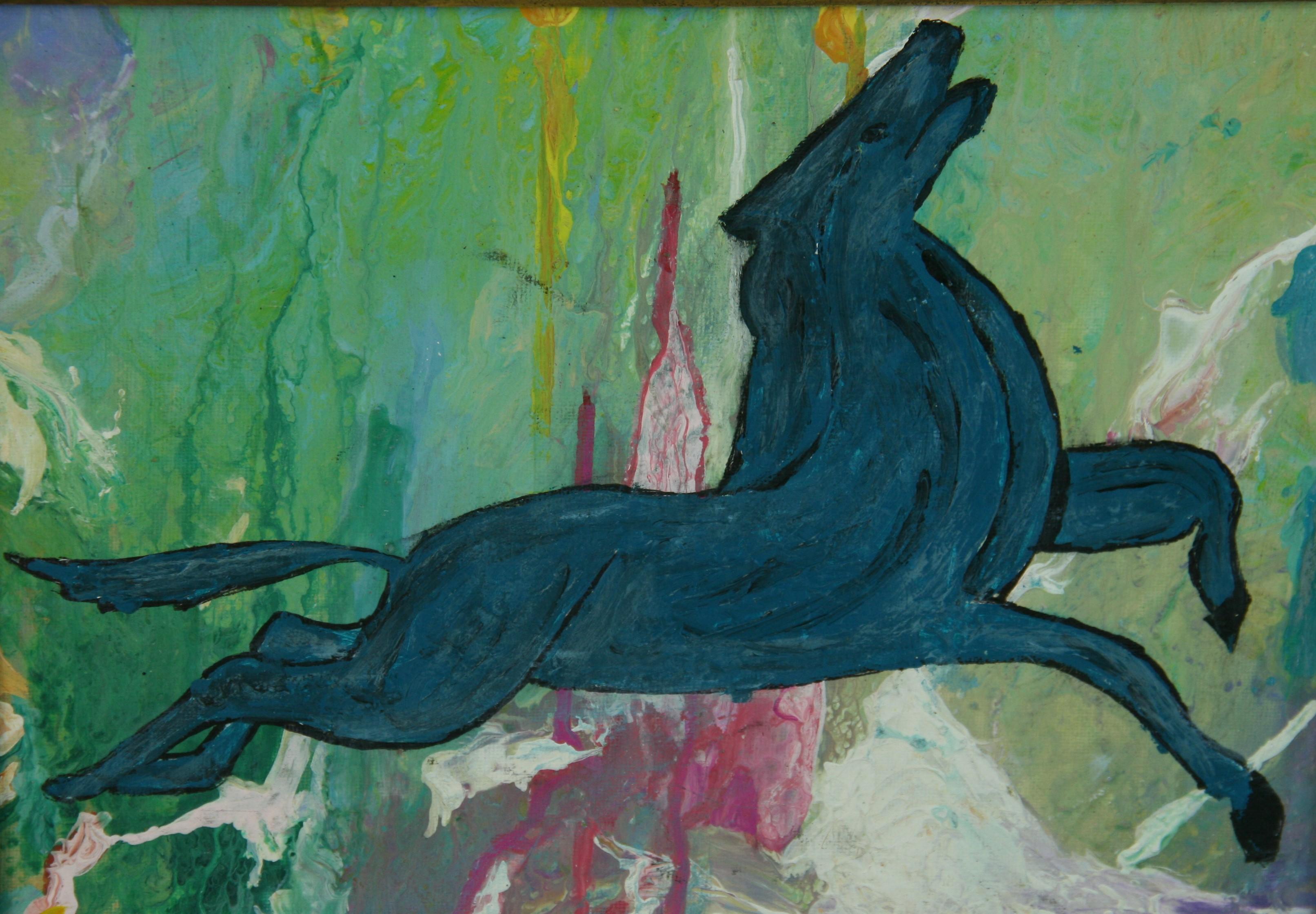Blaues Pegasus- Reiter-Gemälde, Fantacy-Gemälde (Schwarz), Animal Painting, von Unknown