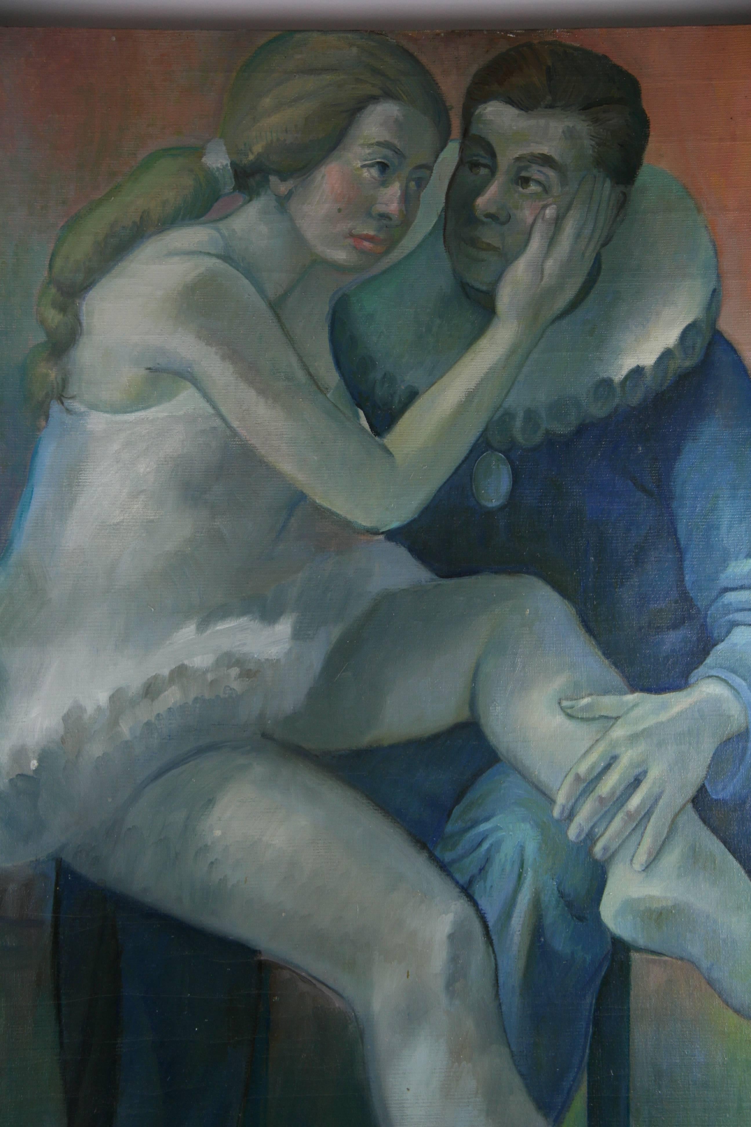 Antique French Art Deco  Blue Resting Dancers  Figurative Oil  by G.Pascal Rocca - Painting by Unknown