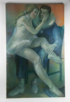 Art déco français ancien  Danseurs au repos bleu  Huile figurative  par G.Pascal Rocca