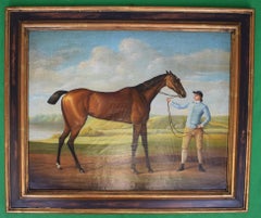 Blue Silks Jockey mit Rennpferd in Landschaft Öl auf Leinwand