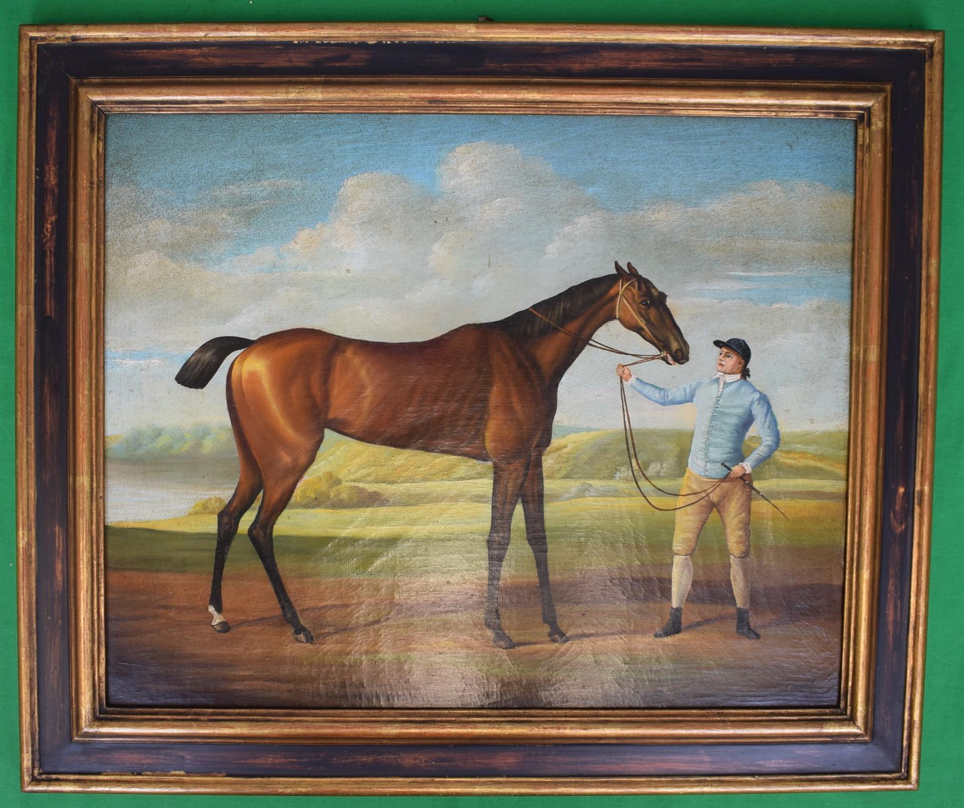 Blue Silks Jockey w/ Racehorse In Landscape Oil on Canvas