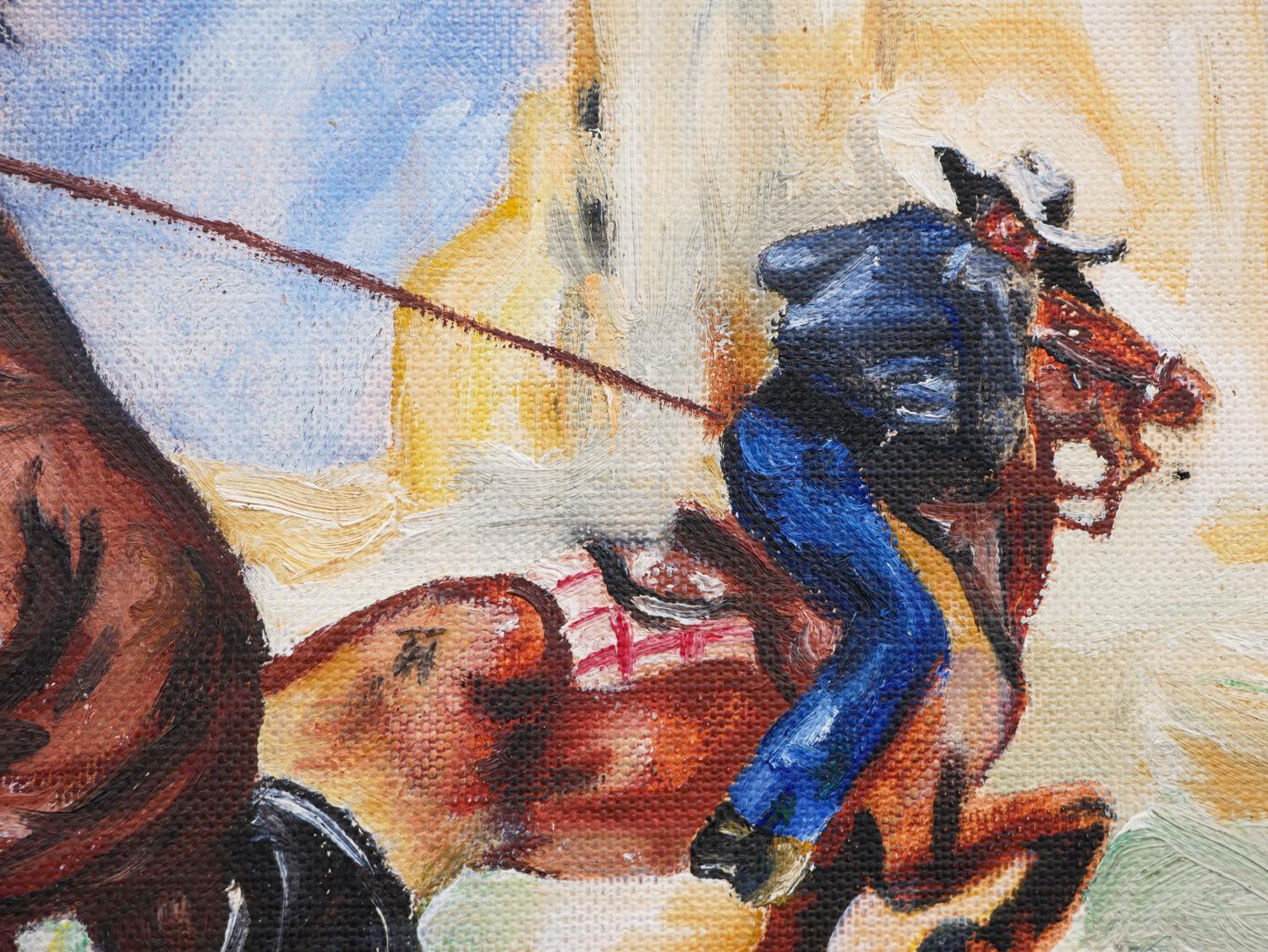 Bleu, jaune et brun Figurative abstraite Chasse au cheval Paysage de l'Ouest  en vente 6