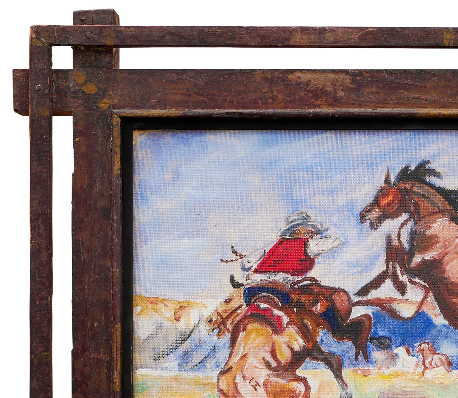 Bleu, jaune et brun Figurative abstraite Chasse au cheval Paysage de l'Ouest  - Outsider Art Painting par Unknown