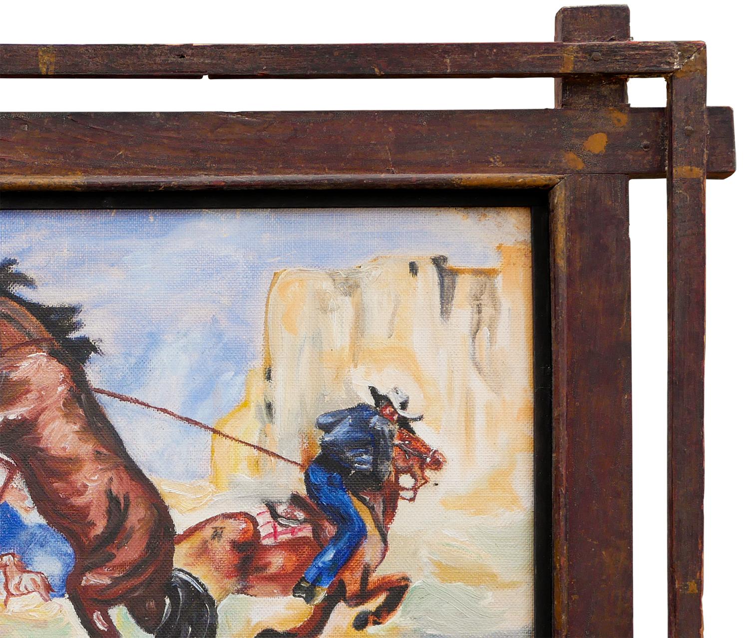 Peinture abstraite de paysage figuratif bleu, jaune, marron et rouge, réalisée par un artiste marginal. Le tableau représente une poursuite à cheval avec deux cow-boys au milieu d'un désert de l'Ouest. Non signée. Encadré dans un double cadre en
