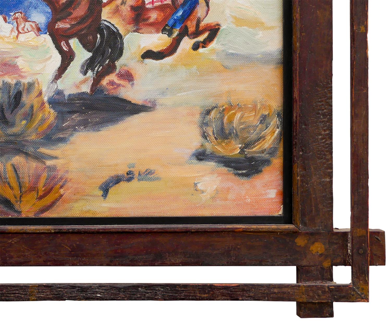 Blue, Yellow, and Brown Abstract Figurative Horse Chase Western Landscape  For Sale 2