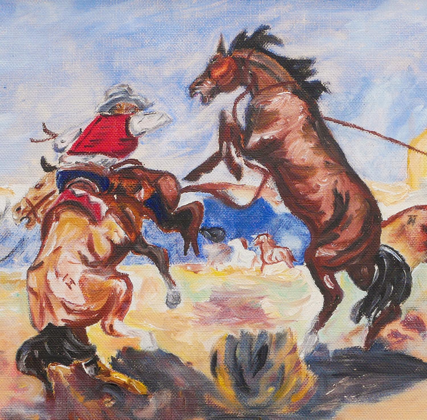 Blu, giallo e marrone Astratto Figurativo Inseguimento del cavallo Paesaggio occidentale in vendita 2