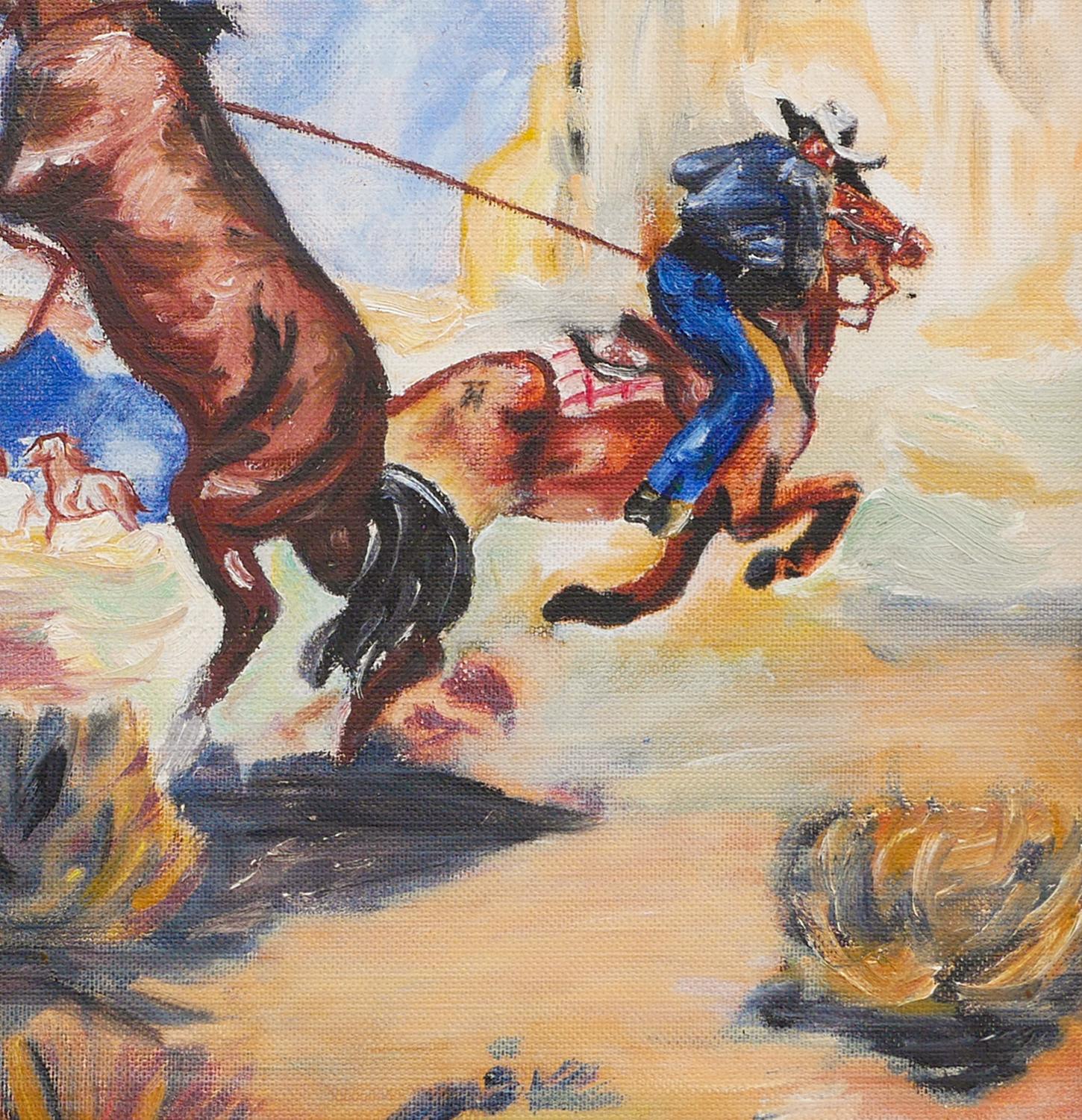 Bleu, jaune et brun Figurative abstraite Chasse au cheval Paysage de l'Ouest  en vente 4