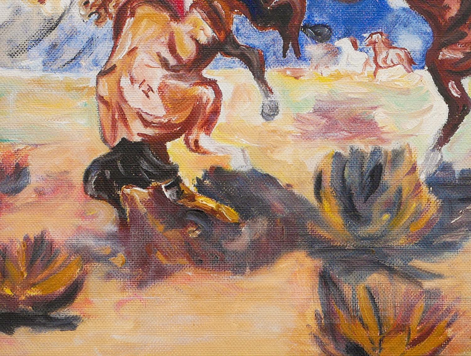 Blue, Yellow, and Brown Abstract Figurative Horse Chase Western Landscape  For Sale 5