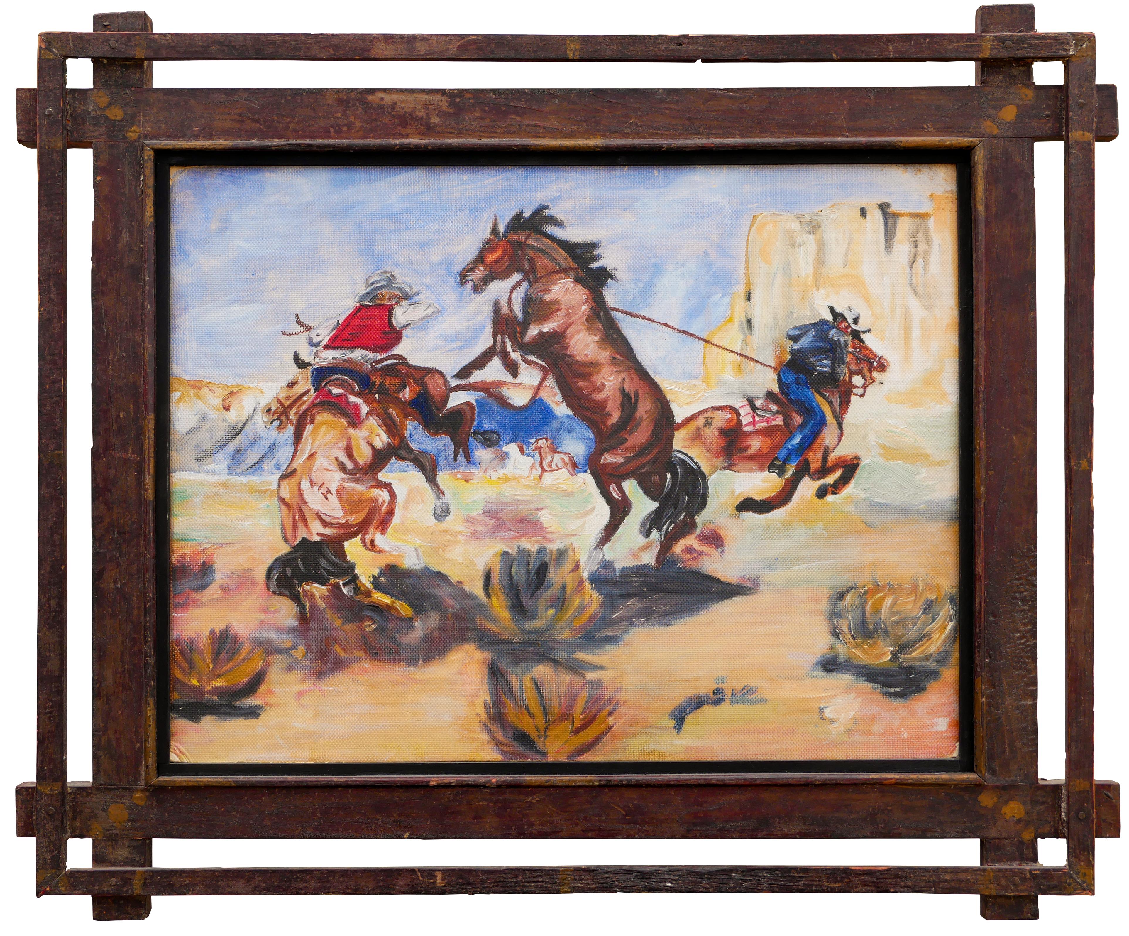 Unknown Animal Painting - Blue, Yellow, and Brown Abstract Figurative Horse Chase Western Landscape 
