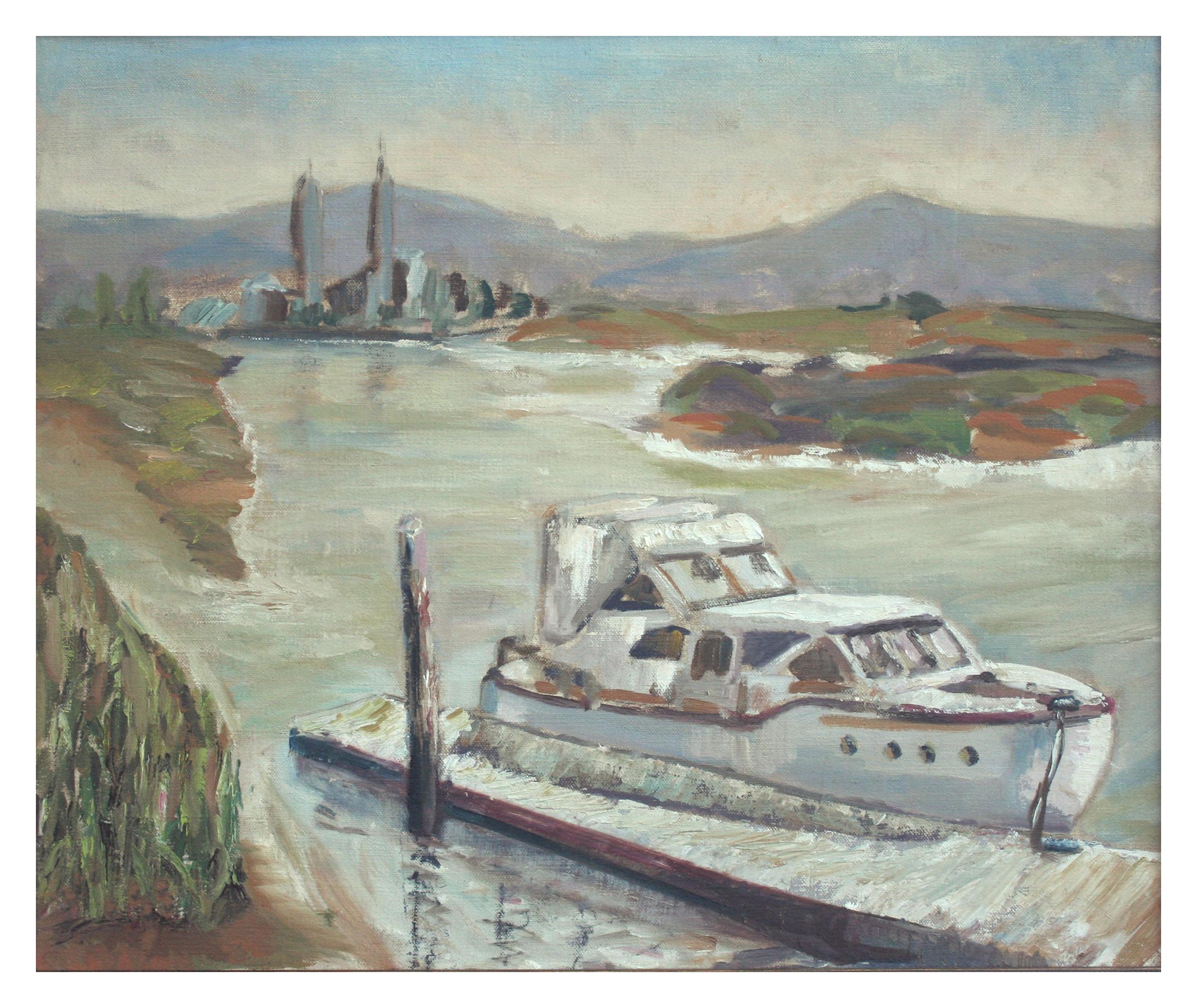 Boat at Moss Landing, Monterey Bay California Seascape - Painting by Unknown