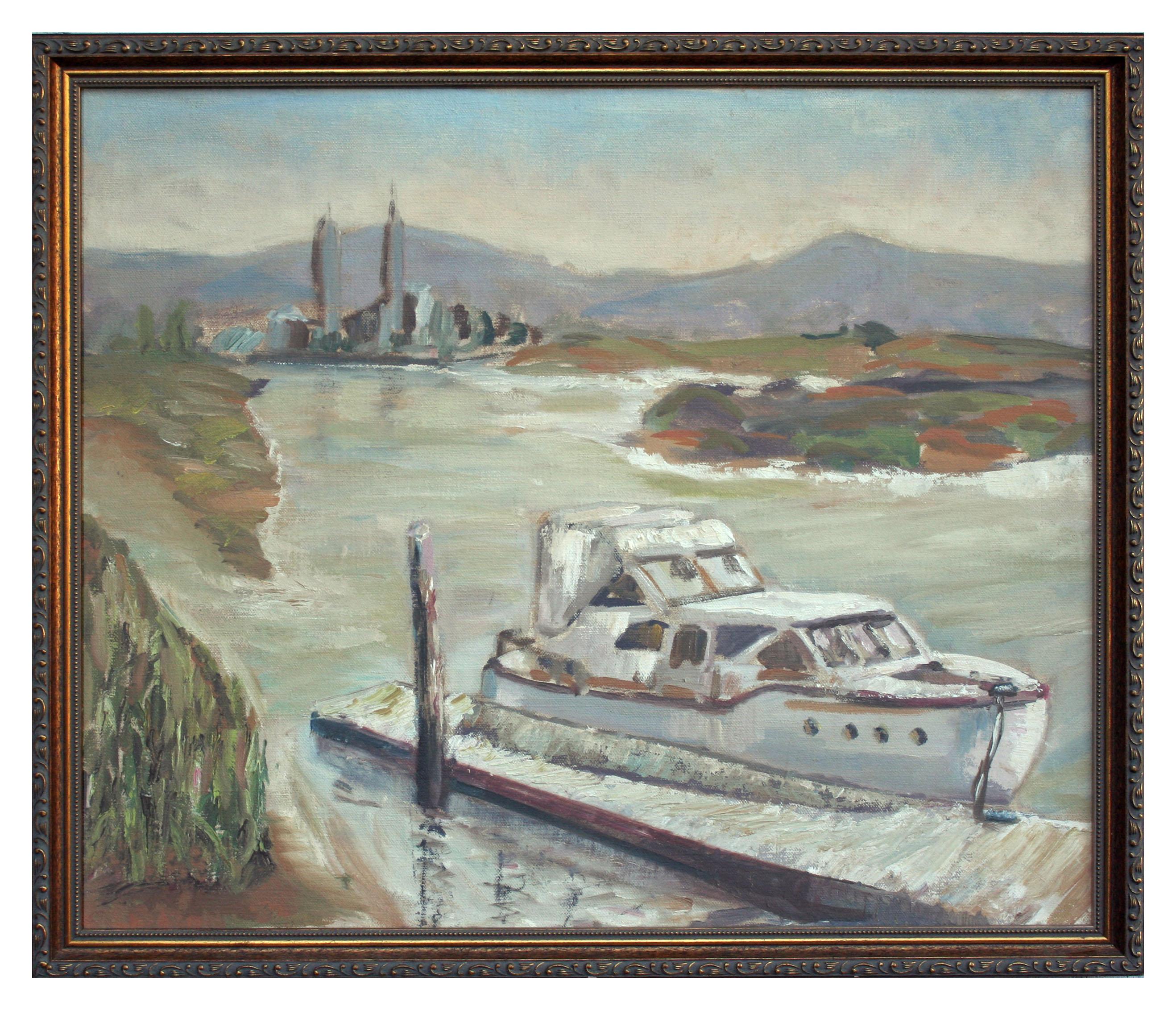 Unknown Landscape Painting - Boat at Moss Landing, Monterey Bay California Seascape