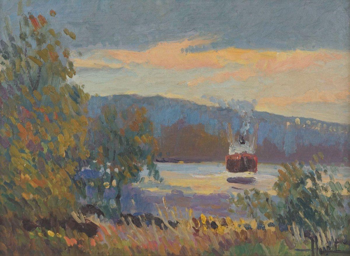 Boat at the Sunset, Original Oil on Panel, Impressionist style - Painting by Unknown
