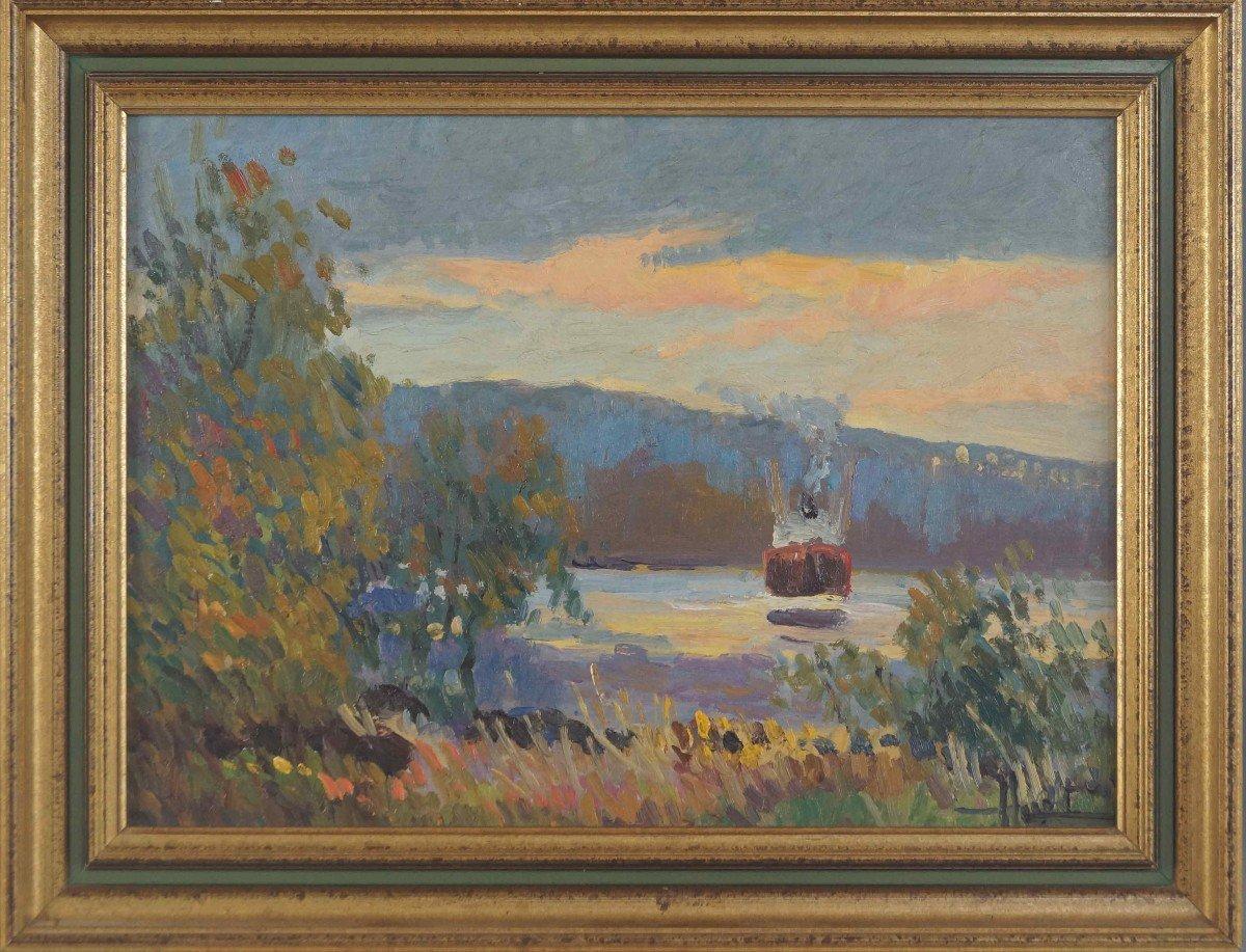 Unknown Landscape Painting - Boat at the Sunset, Original Oil on Panel, Impressionist style