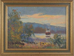 Vintage Boat at the Sunset, Original Oil on Panel, Impressionist style