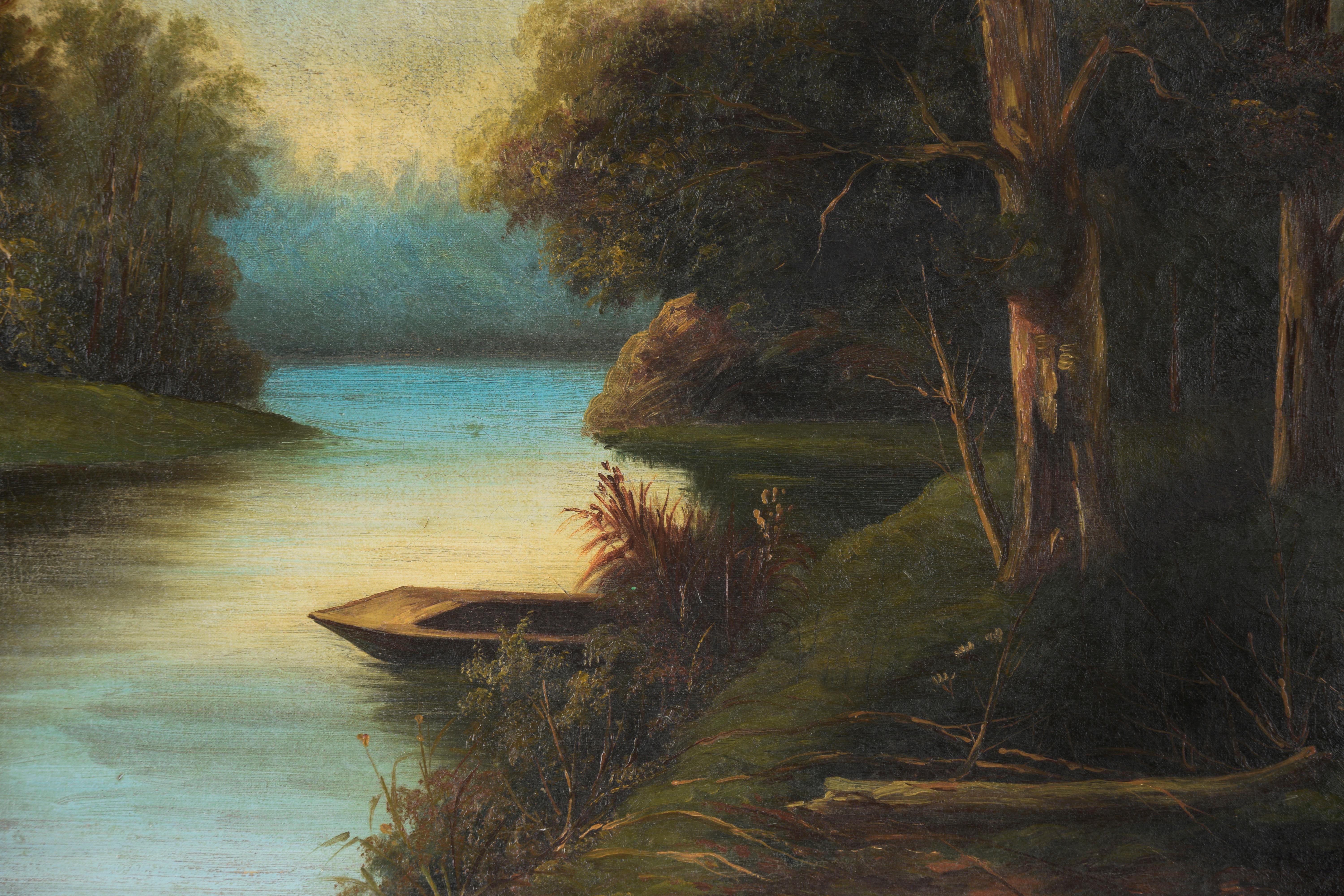 Boat on The Hudson River, Style of Robert Seldon Duncanson - Oil on Canvas - Painting by Unknown