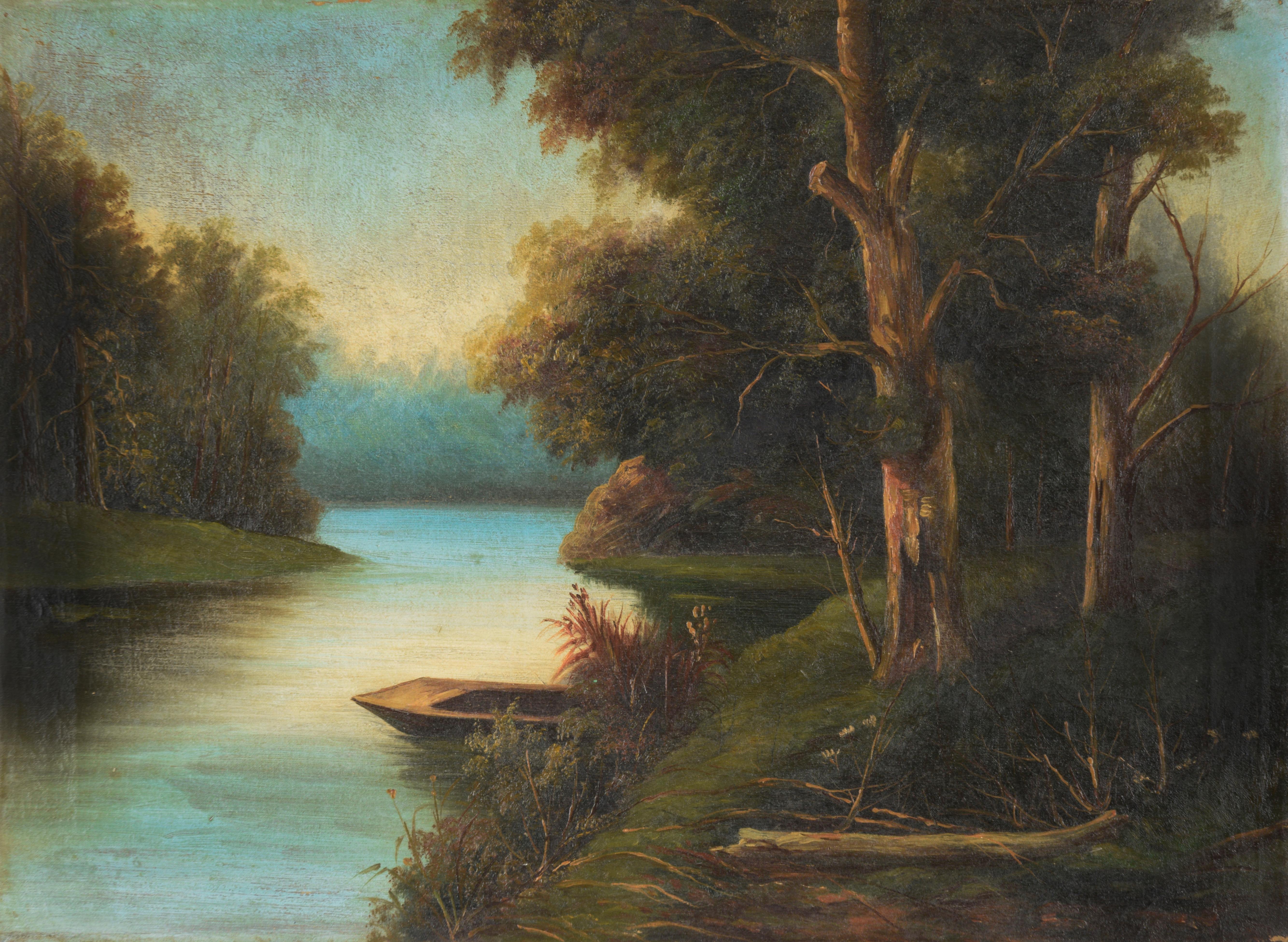 Unknown Landscape Painting - Boat on The Hudson River, Style of Robert Seldon Duncanson - Oil on Canvas
