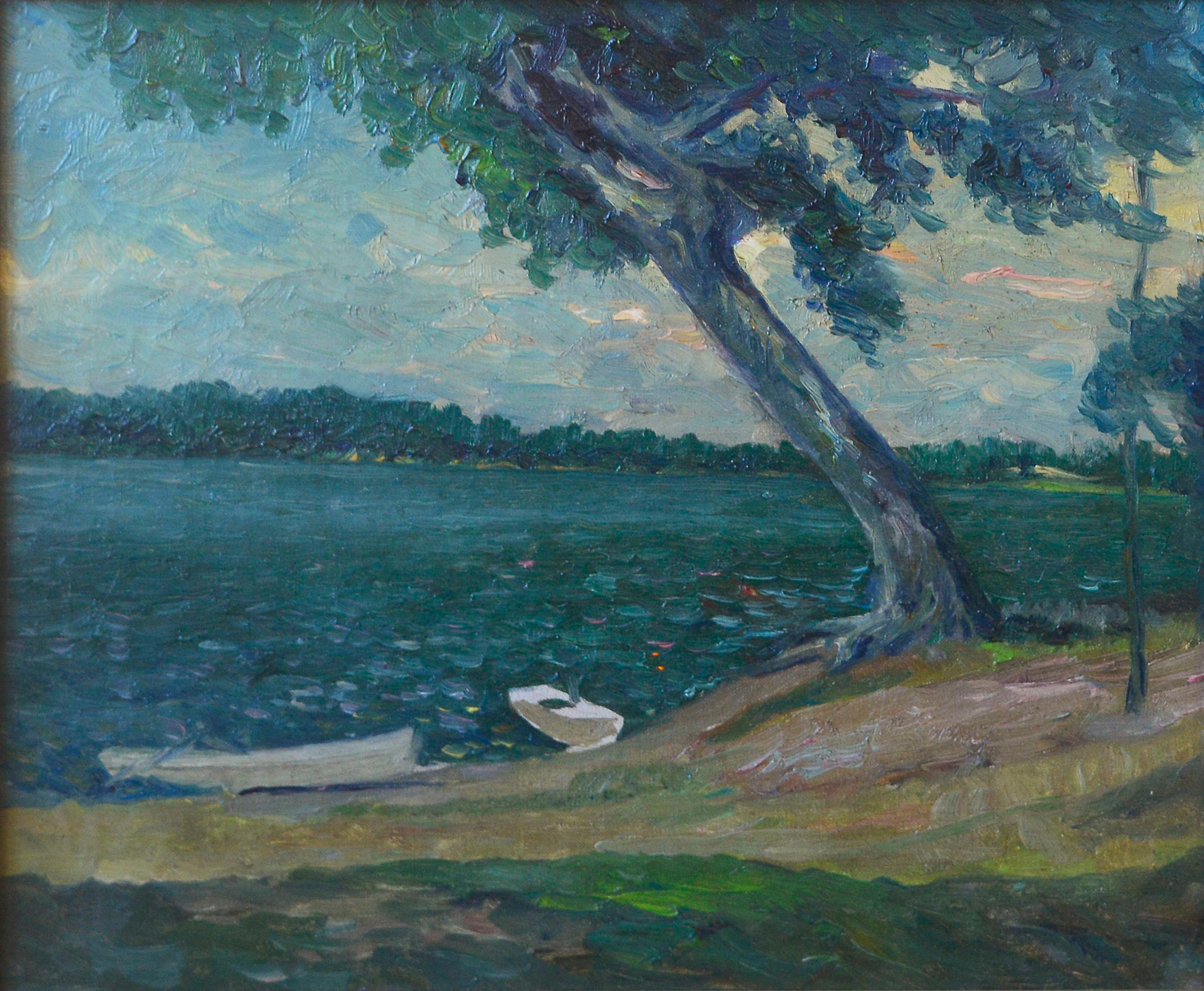 Boats Along the Bay Landscape - Painting by Unknown