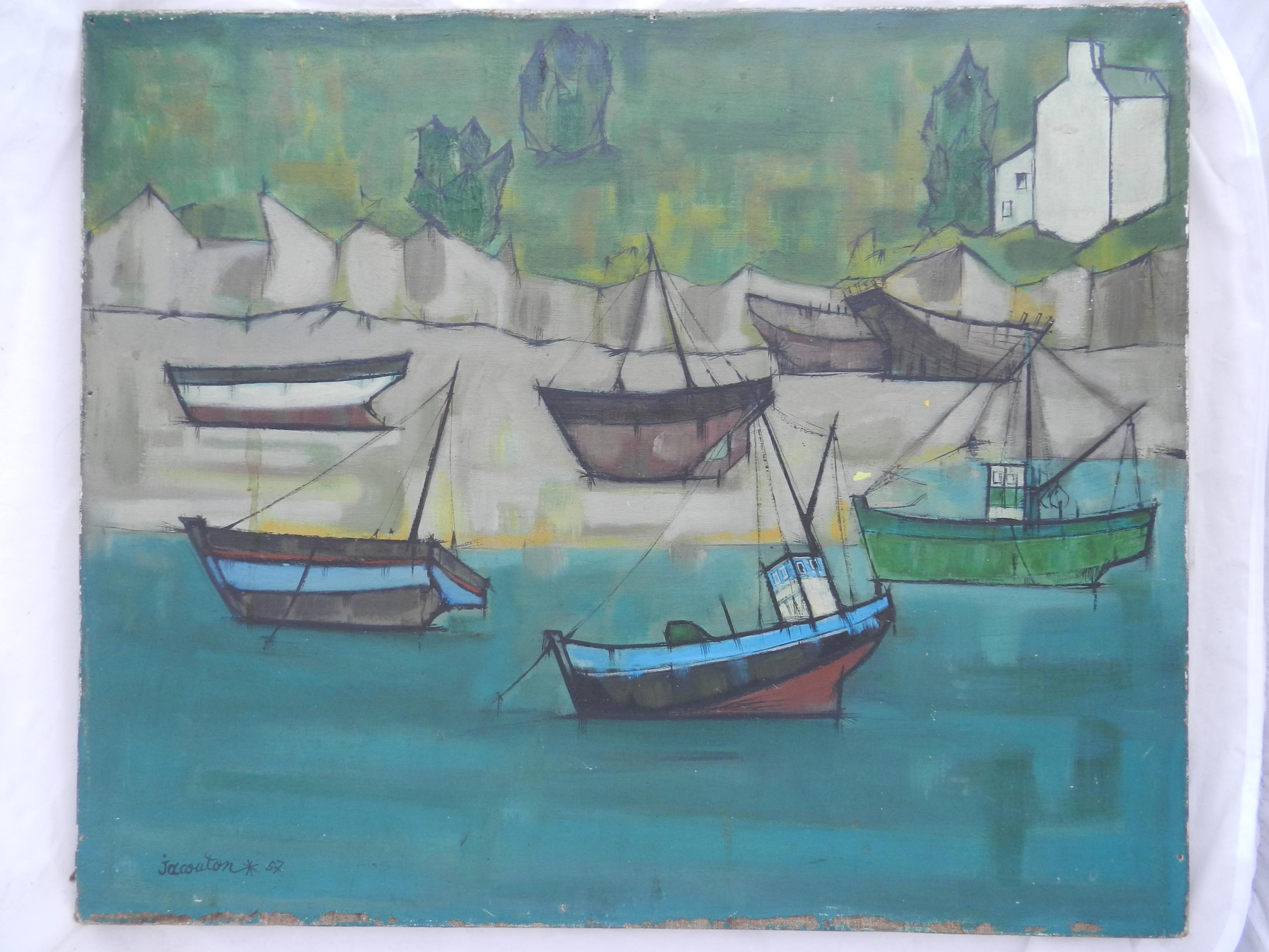 Boats at St Jean de Luz France by Jacouton Mid Century c1957 - Other Art Style Painting by Unknown