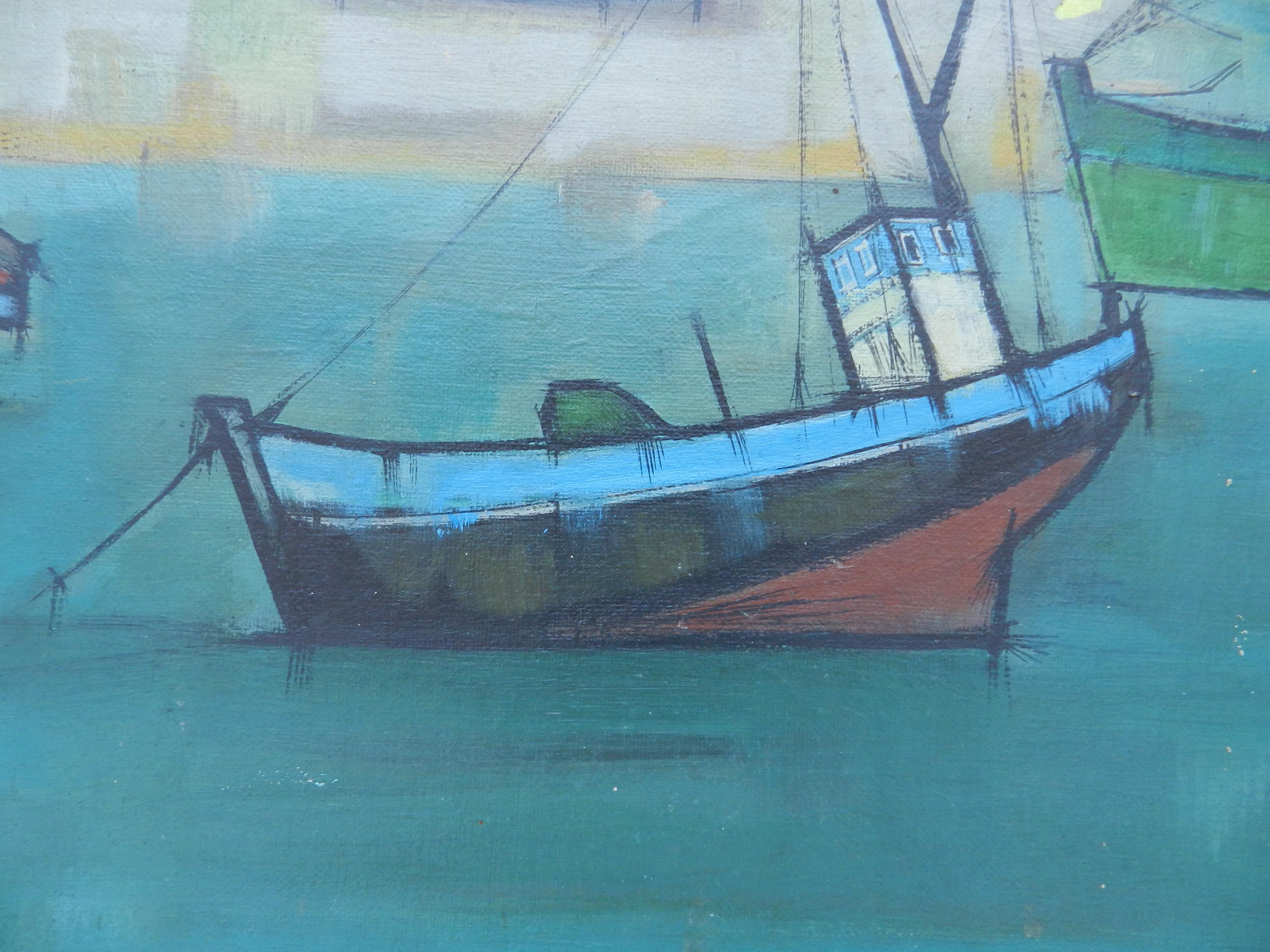 Boats at St Jean de Luz France by Jacouton Mid Century c1957 - Blue Landscape Painting by Unknown