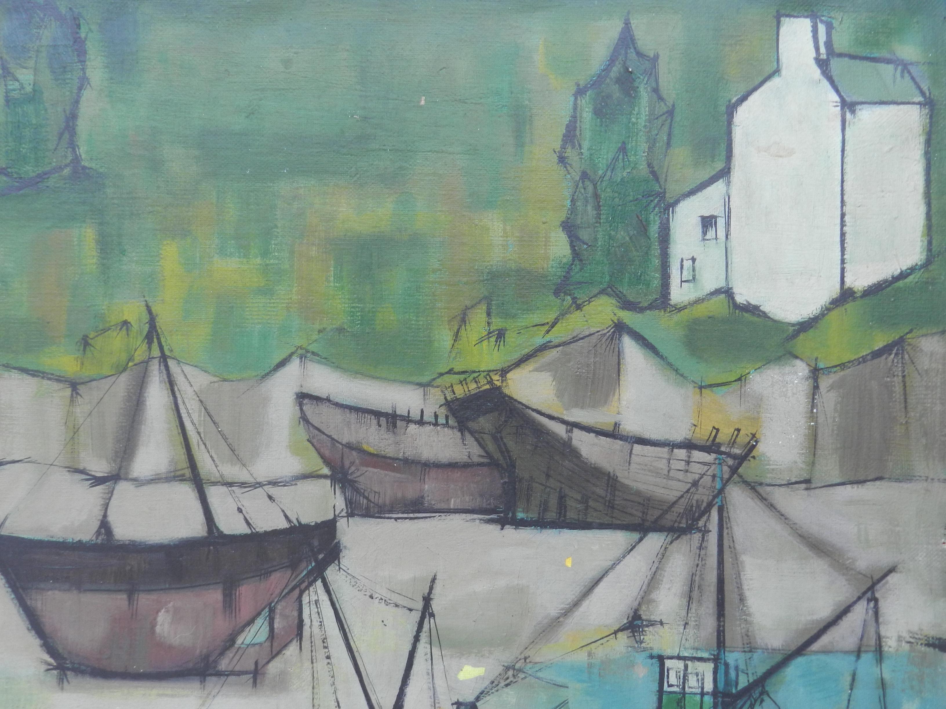 Boats at St Jean de Luz France by Jacouton Mid Century c1957
Superb painting at this time and had a diplpme de Beaux Arts
Jean Jacouton was a native of St Jean de Luz born 1933
Good vintage condition with a couple of very small losses to paint non