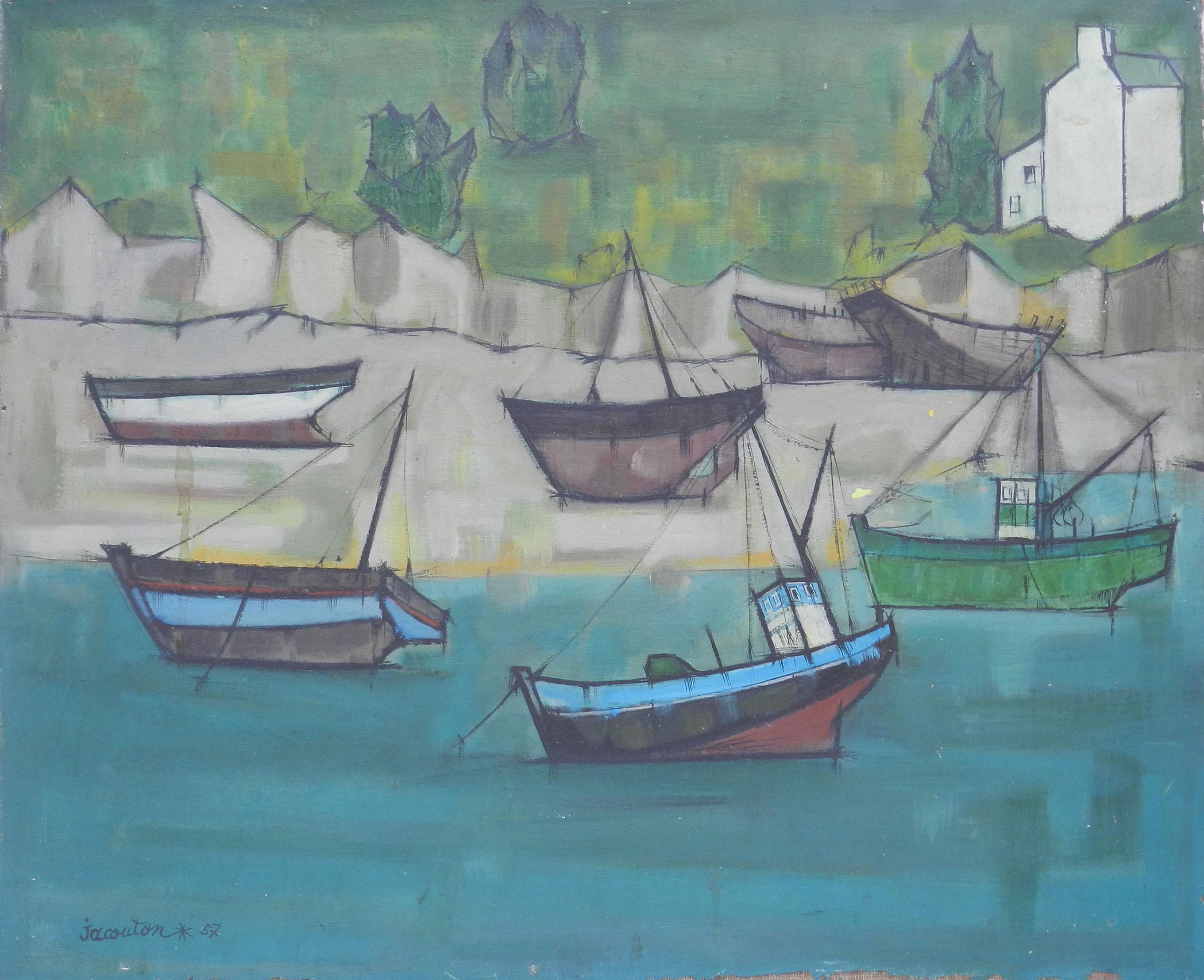 Unknown Landscape Painting - Boats at St Jean de Luz France by Jacouton Mid Century c1957