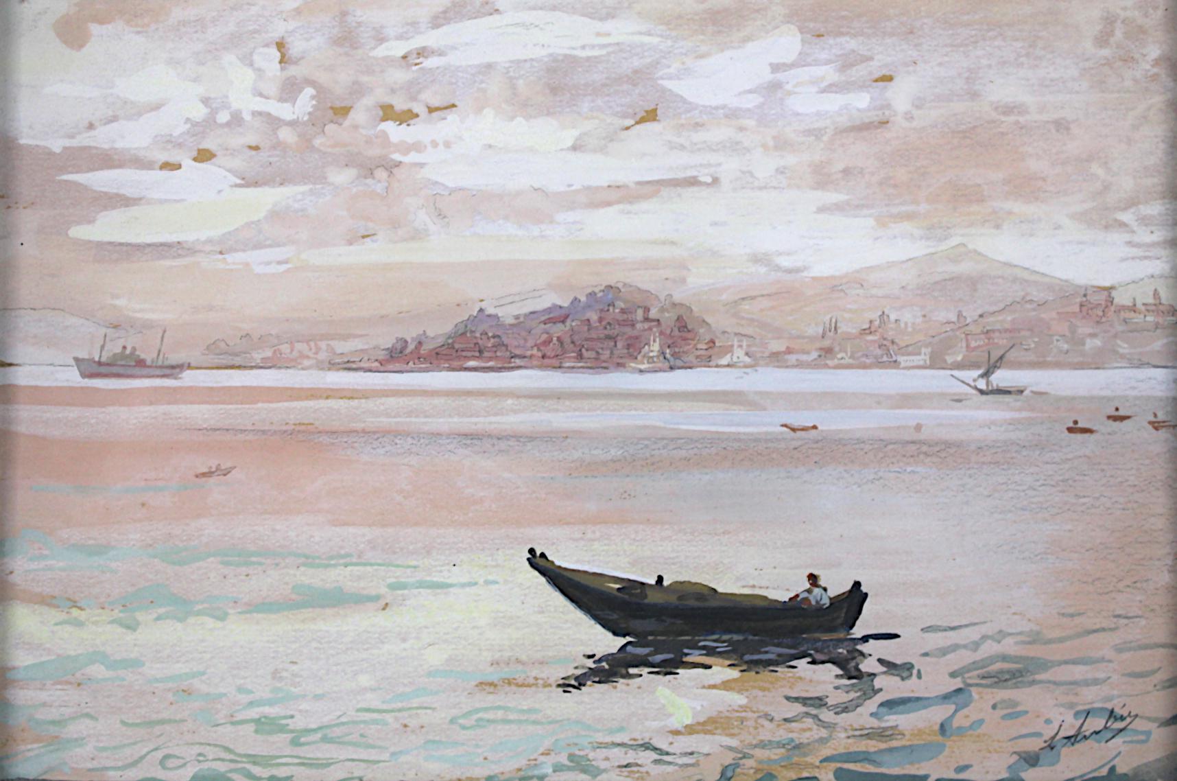 Boats at Sunset, Original Gouache auf Papier, impressionistischer Stil, französischer Maler – Painting von Unknown