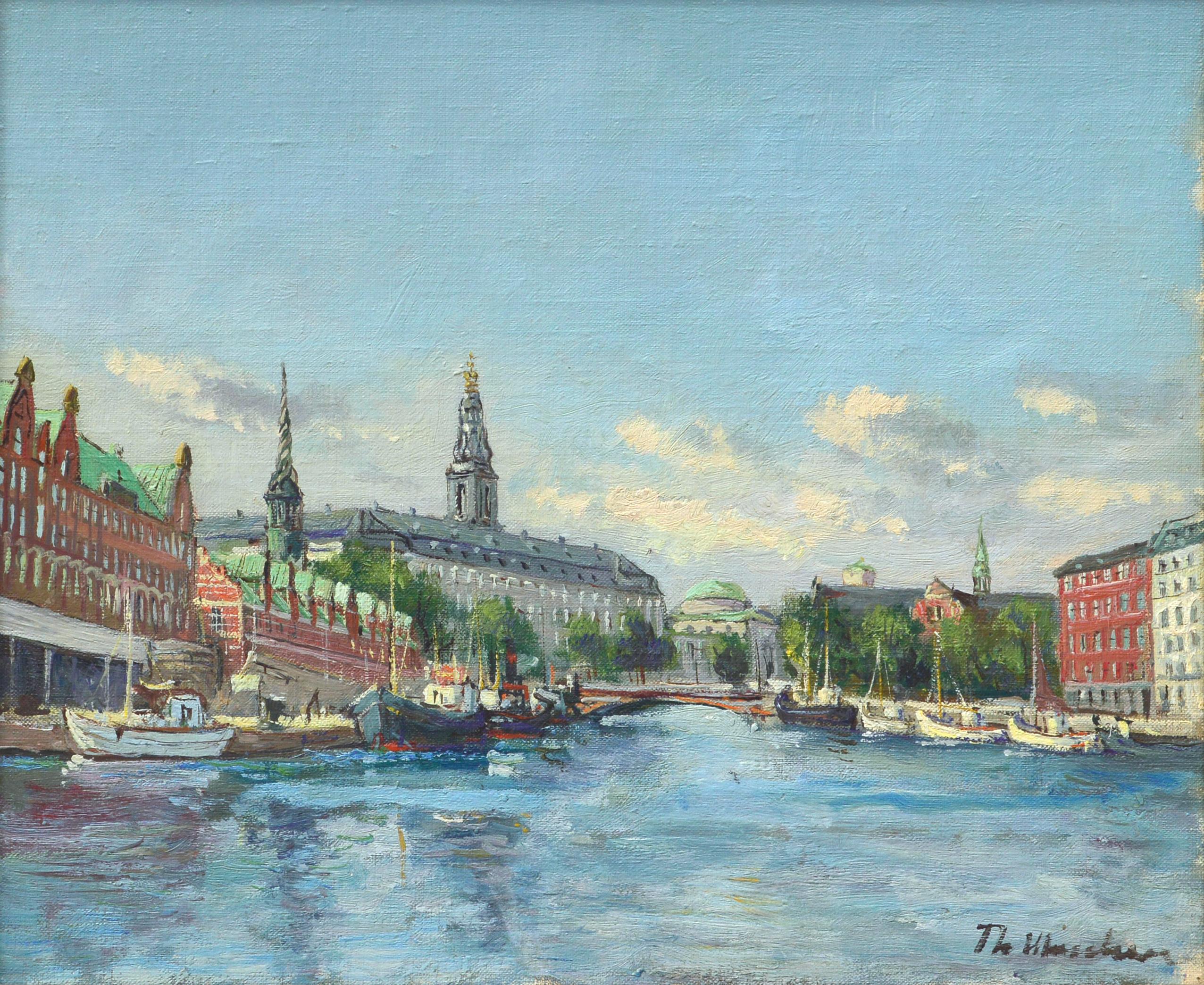 German City Urban Landscape with River Boats  - Painting by Unknown