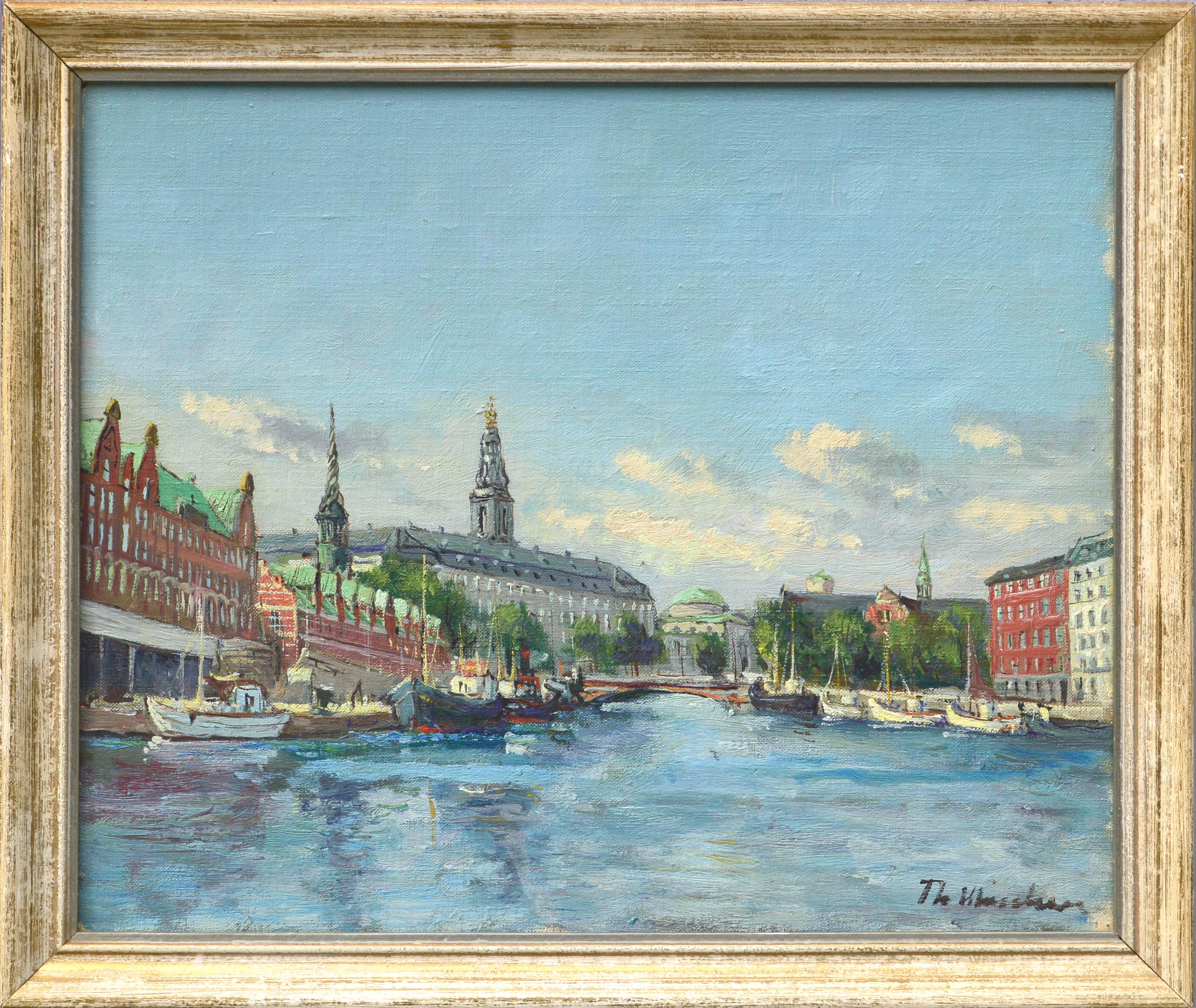 Unknown Landscape Painting - German City Urban Landscape with River Boats 