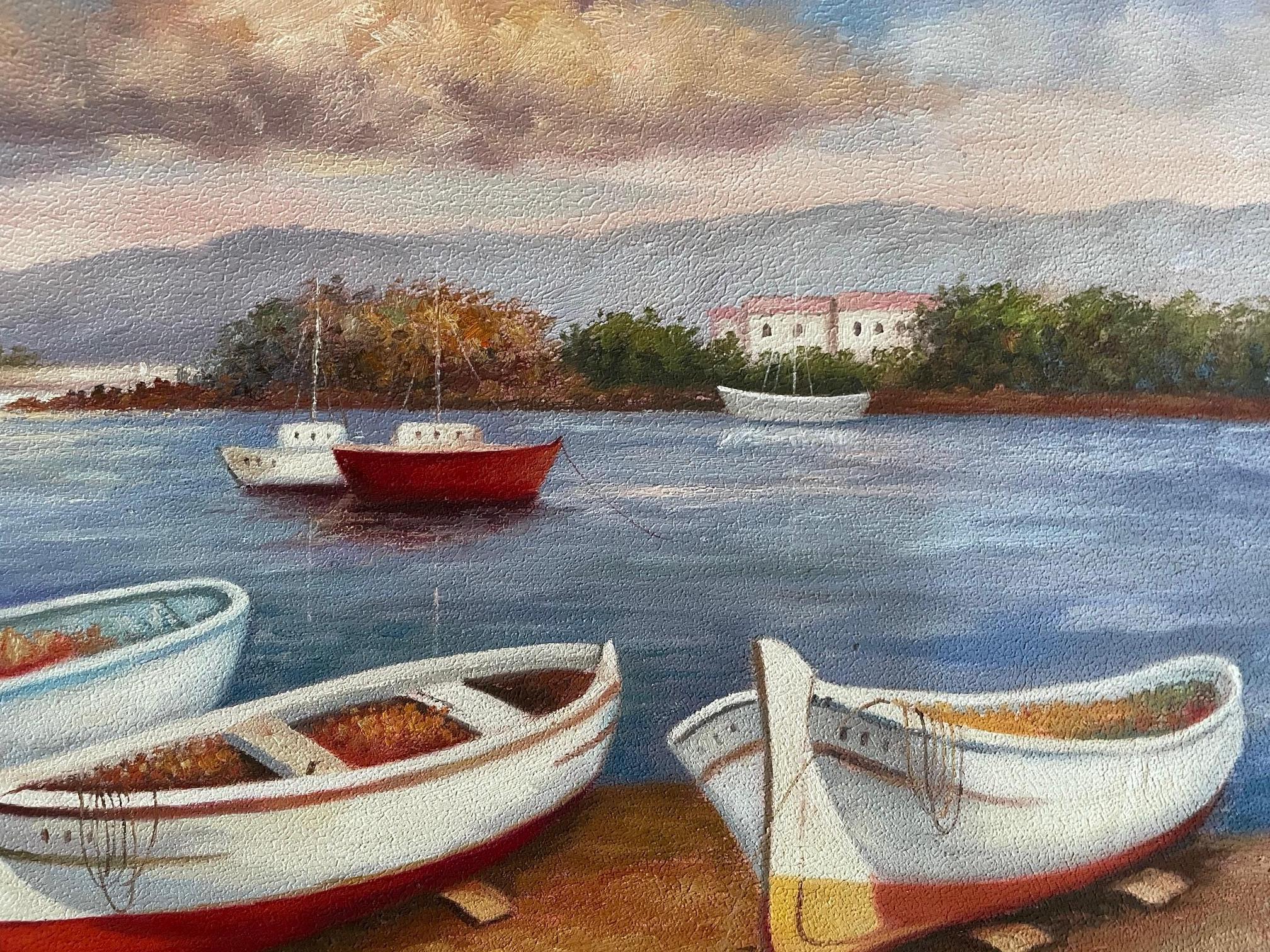 Boats in Harbor - Realist Painting by Unknown