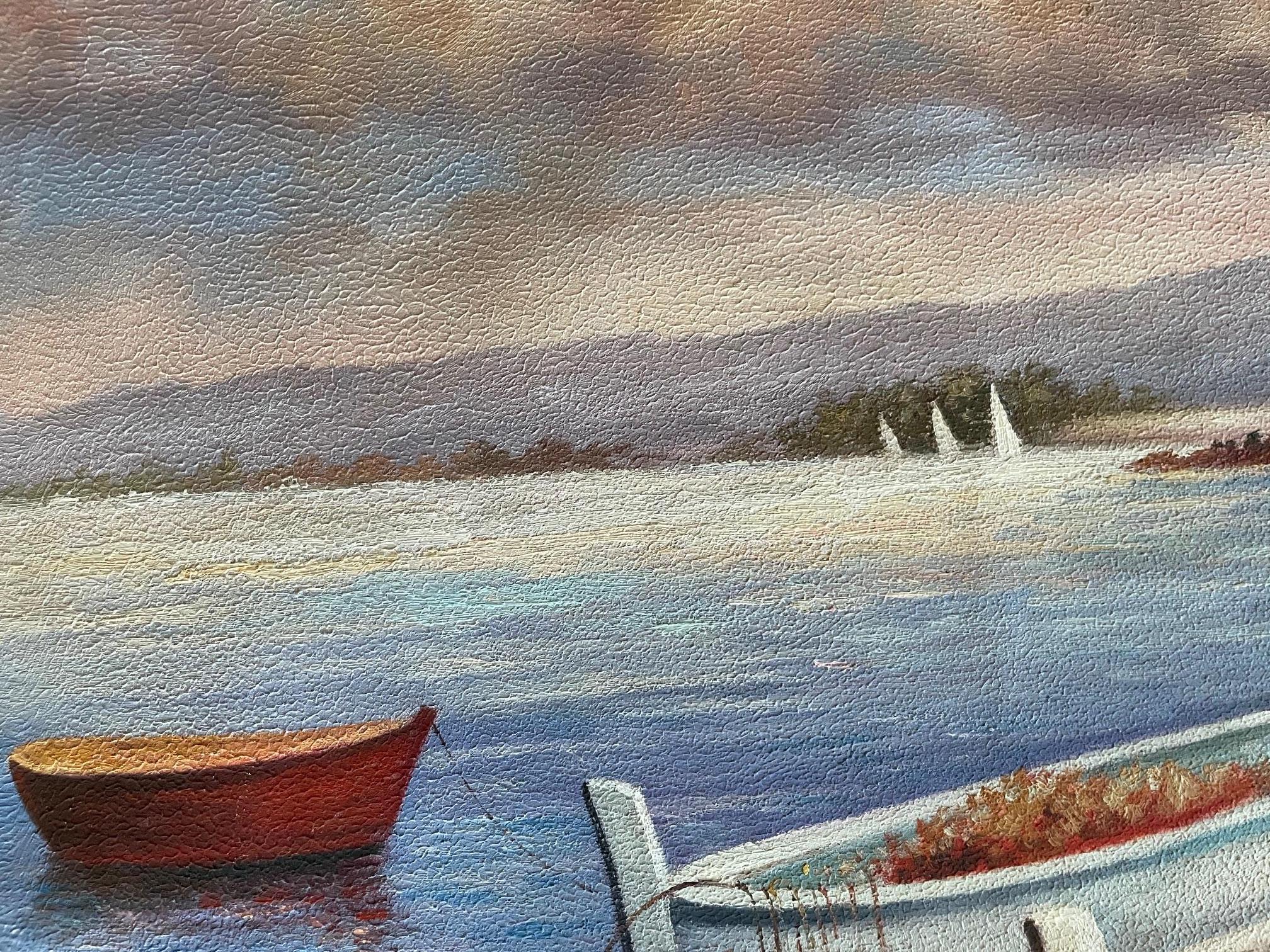 Boats in Harbor - Brown Landscape Painting by Unknown