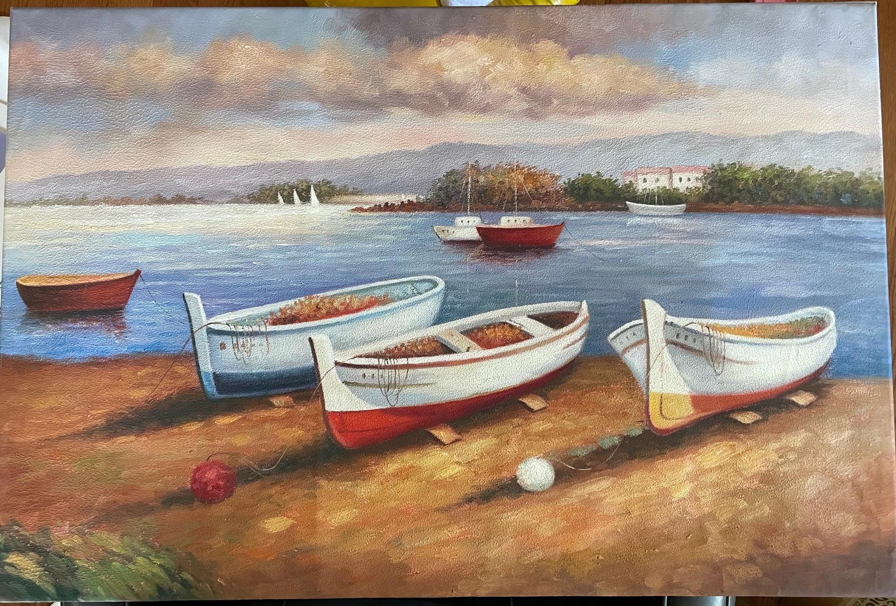 Unknown Landscape Painting - Boats in Harbor