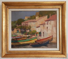 Boats in Summer, Mediterranean harbor, Original Oil on Canvas, Impressionist