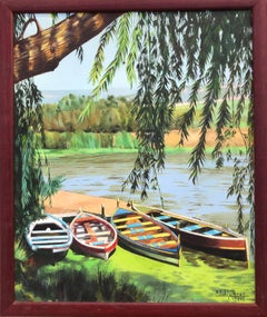 Boats in the Lake Oil on Canvas Painting, Photorealist, Signed, 2010+