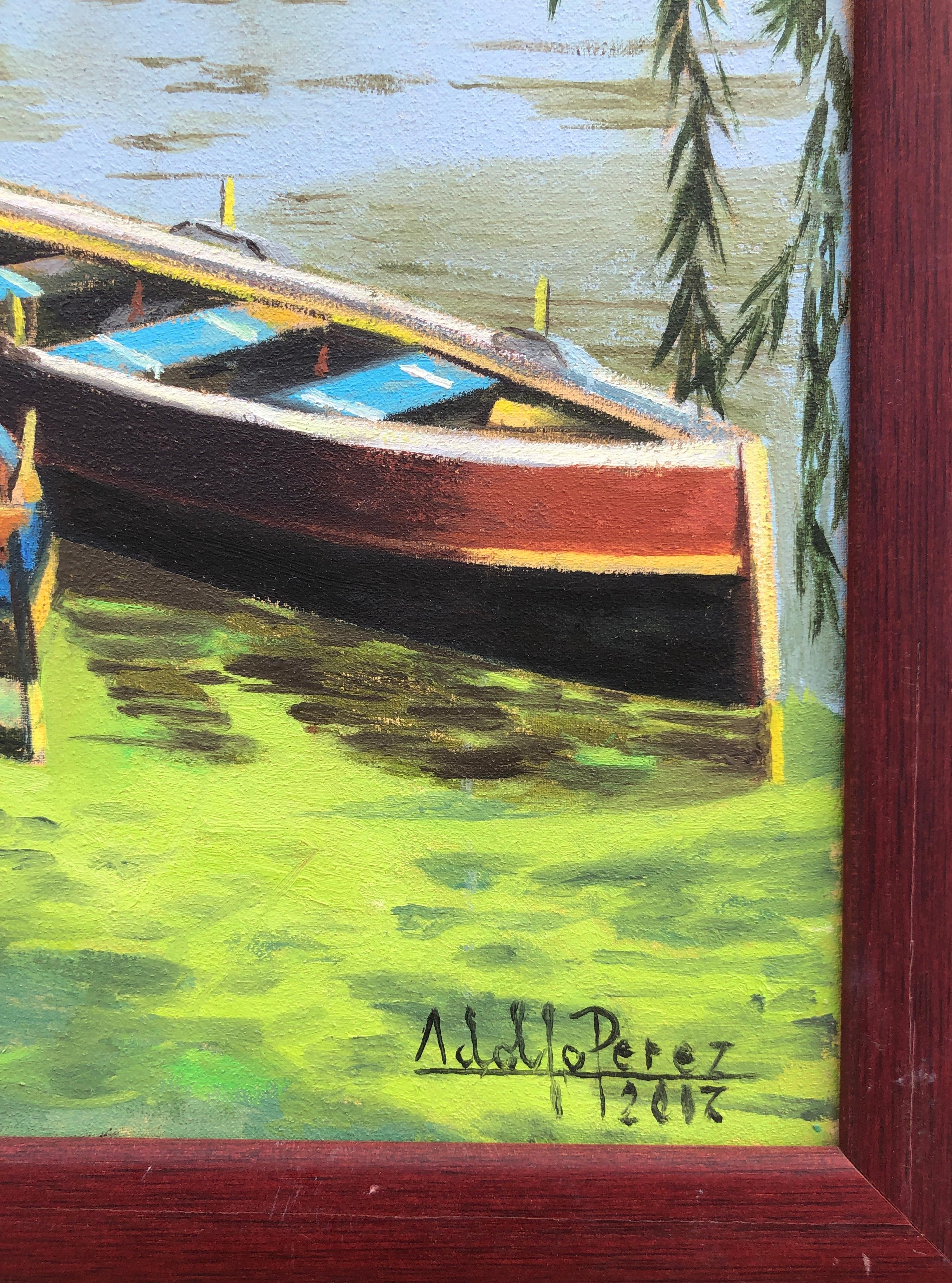 Bateaux dans le lac huile sur toile peinture paysage marin - Photoréalisme Painting par Unknown