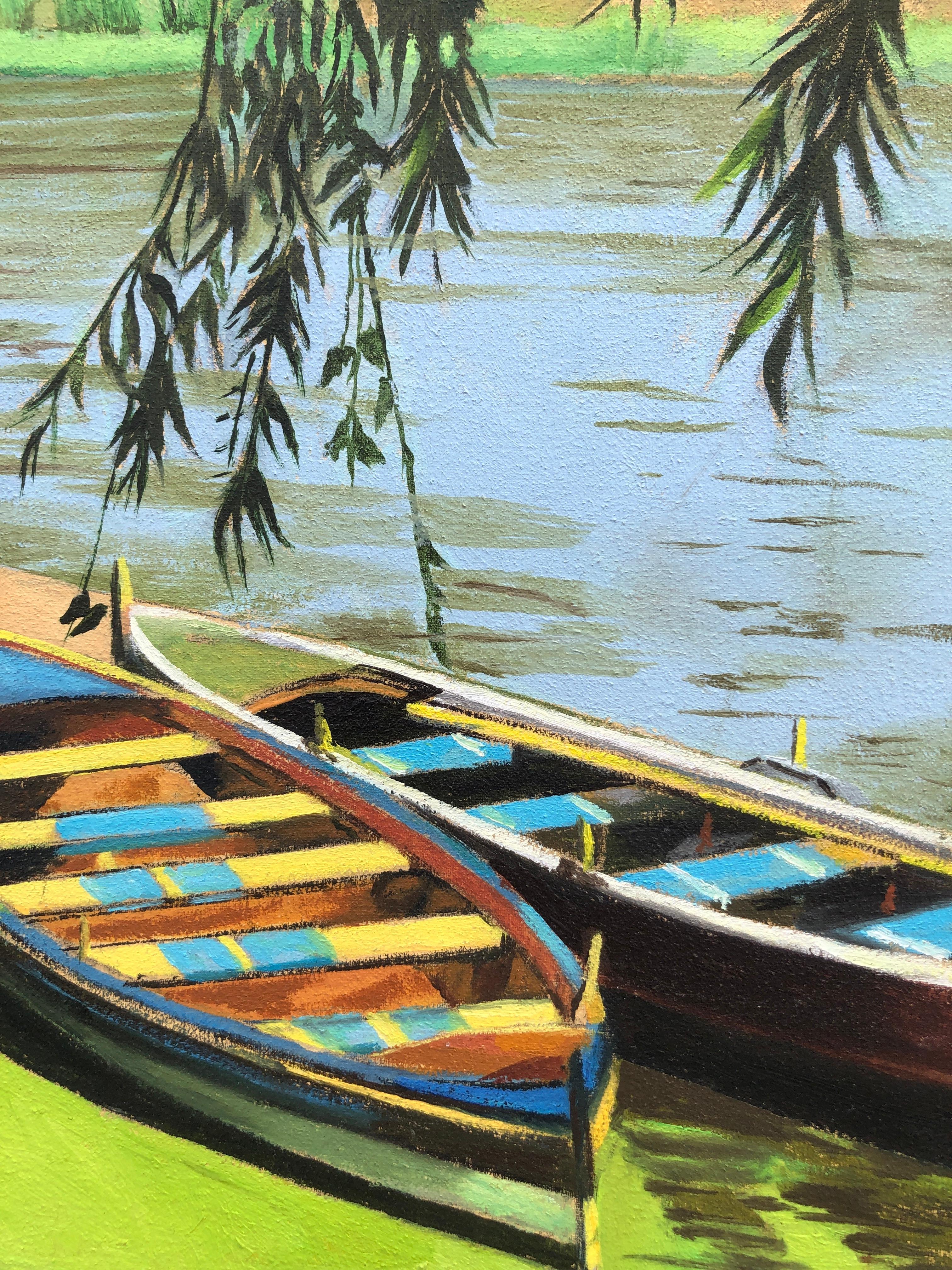 Bateaux dans le lac huile sur toile peinture paysage marin - Marron Landscape Painting par Unknown