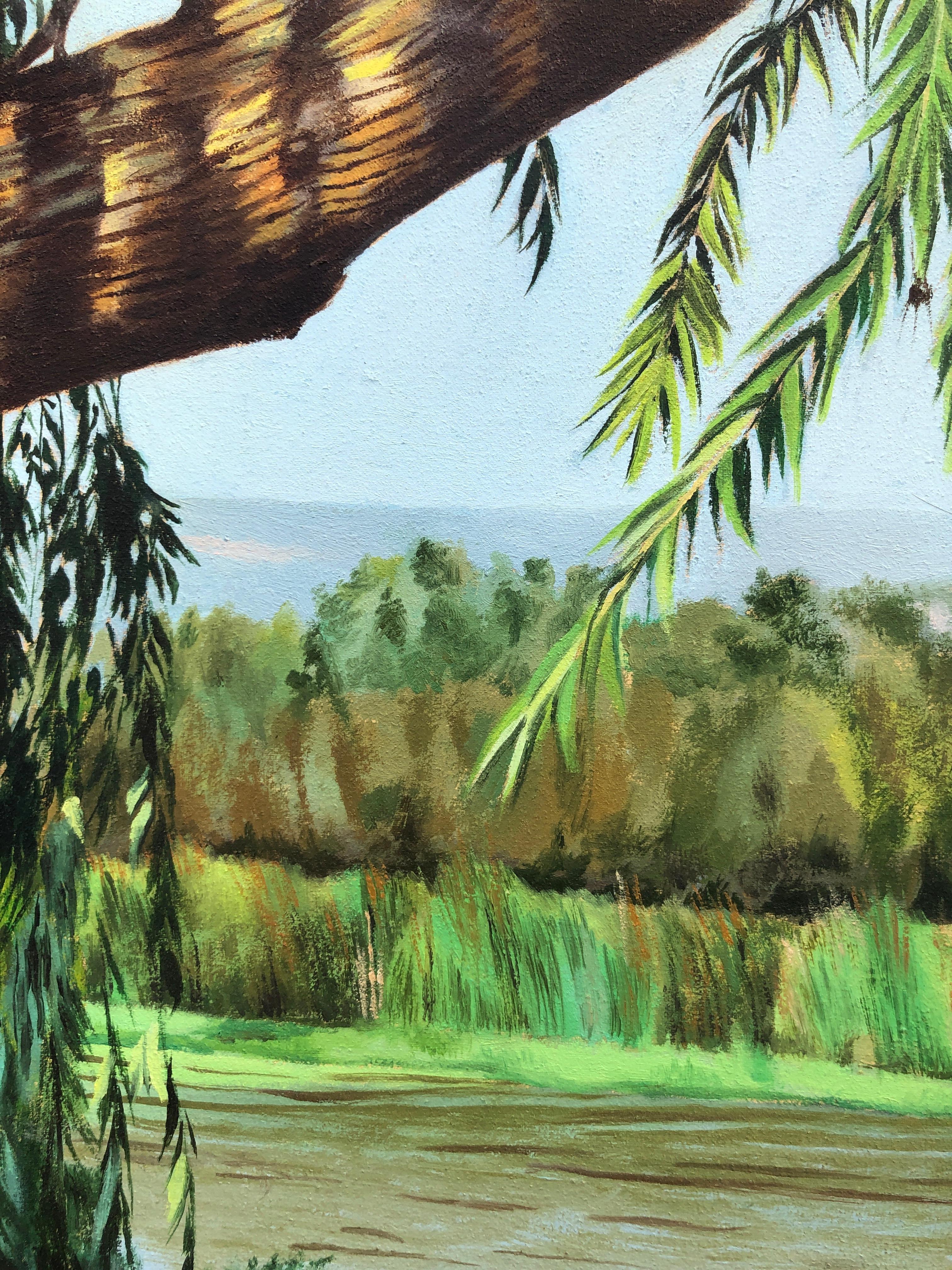 Bateaux dans le lac huile sur toile peinture paysage marin en vente 1