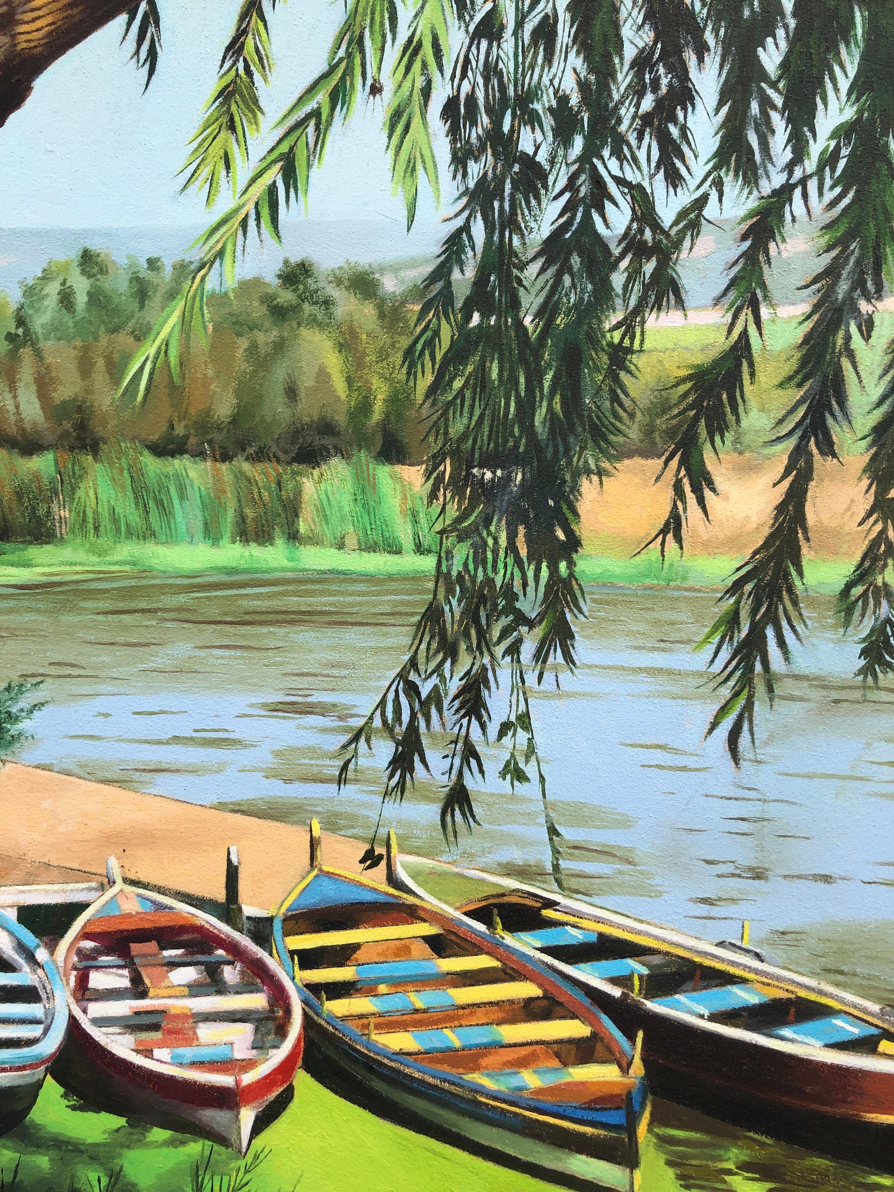 Bateaux dans le lac huile sur toile peinture paysage marin en vente 2