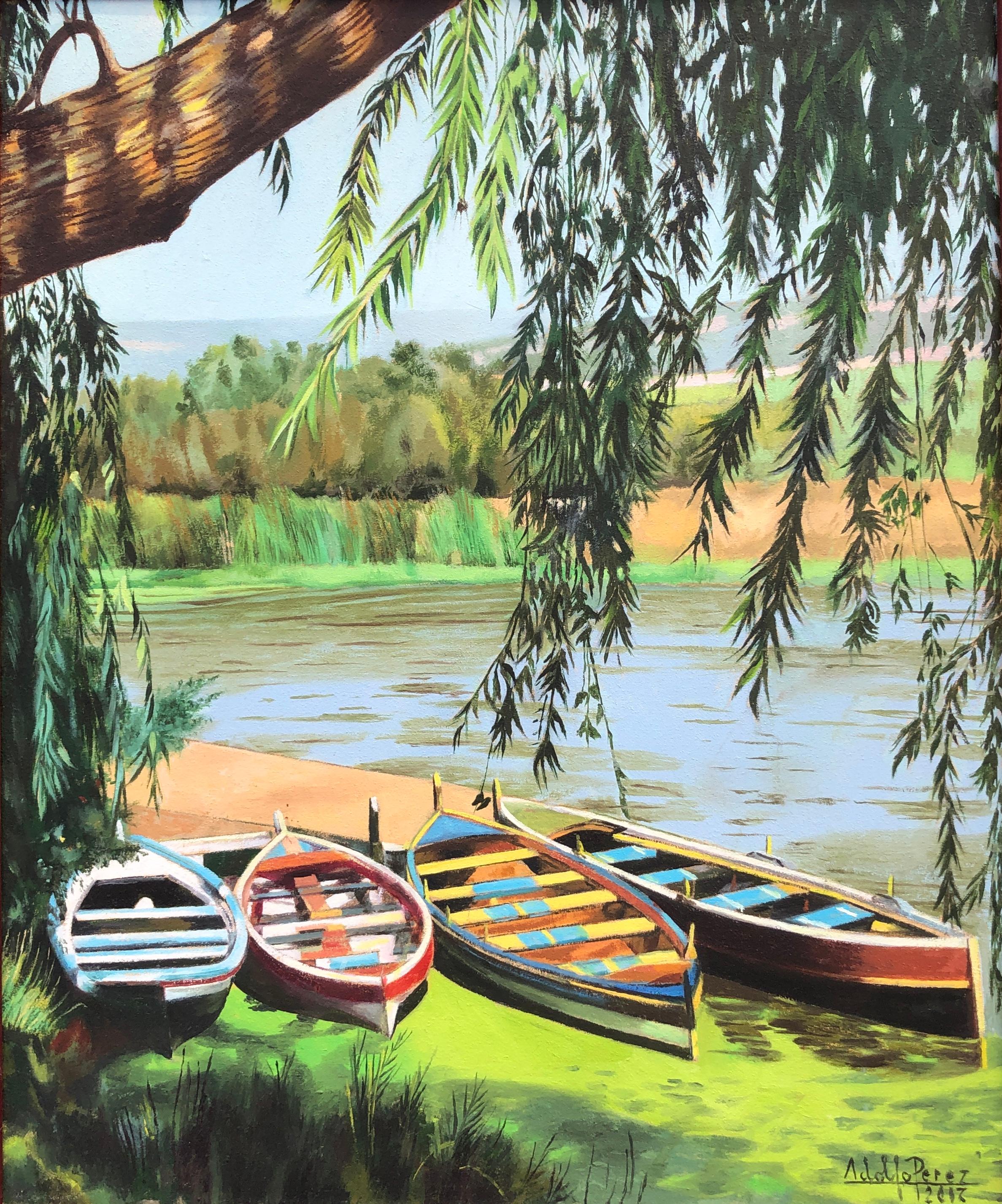Landscape Painting Unknown - Bateaux dans le lac huile sur toile peinture paysage marin