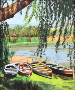 Barcos en el lago óleo sobre lienzo pintura paisaje marino